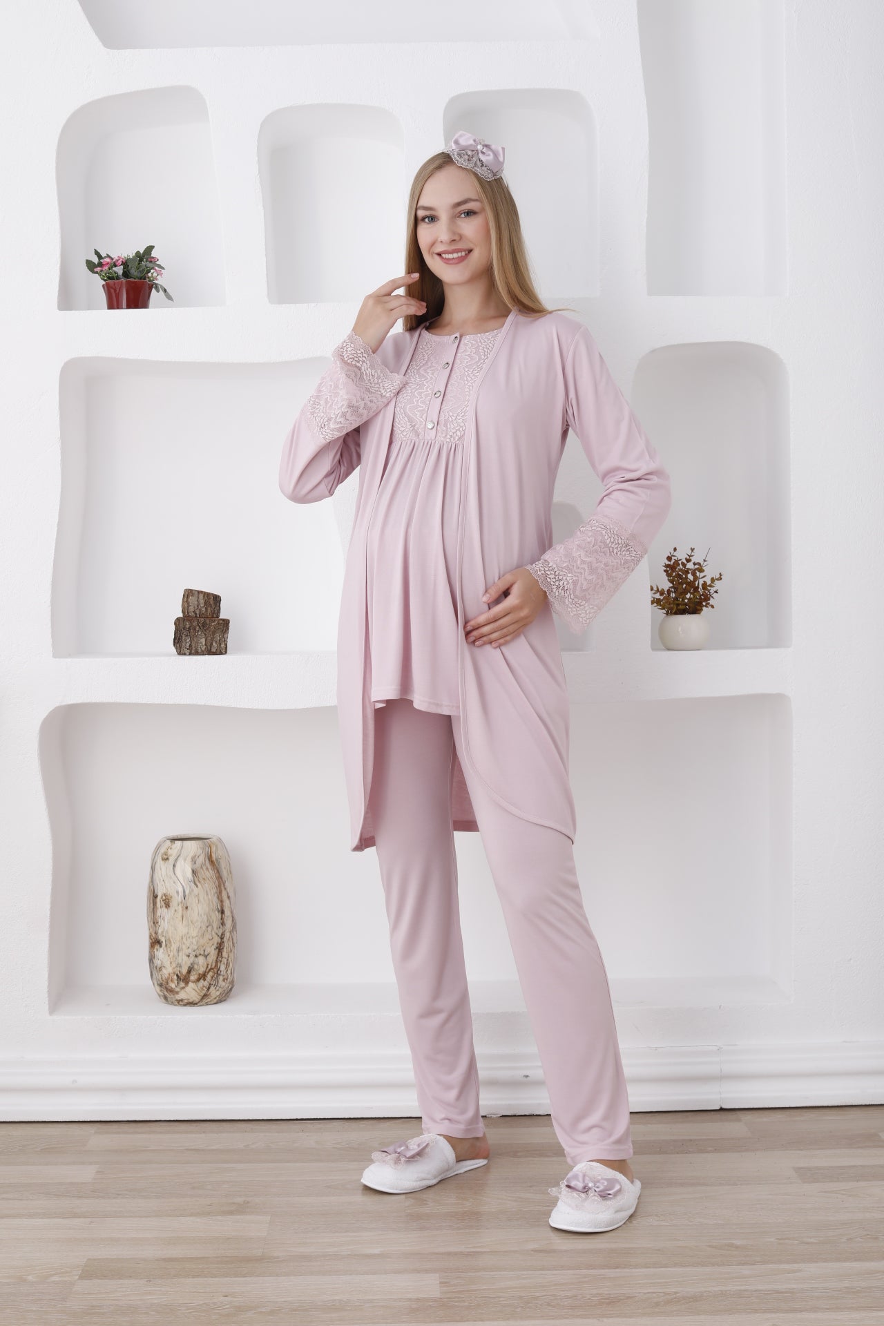 3'lü Hamile Lohusa Pijama Takımı/ Düğmeli Pijama Ve Sabahlıklı Takım - 3427