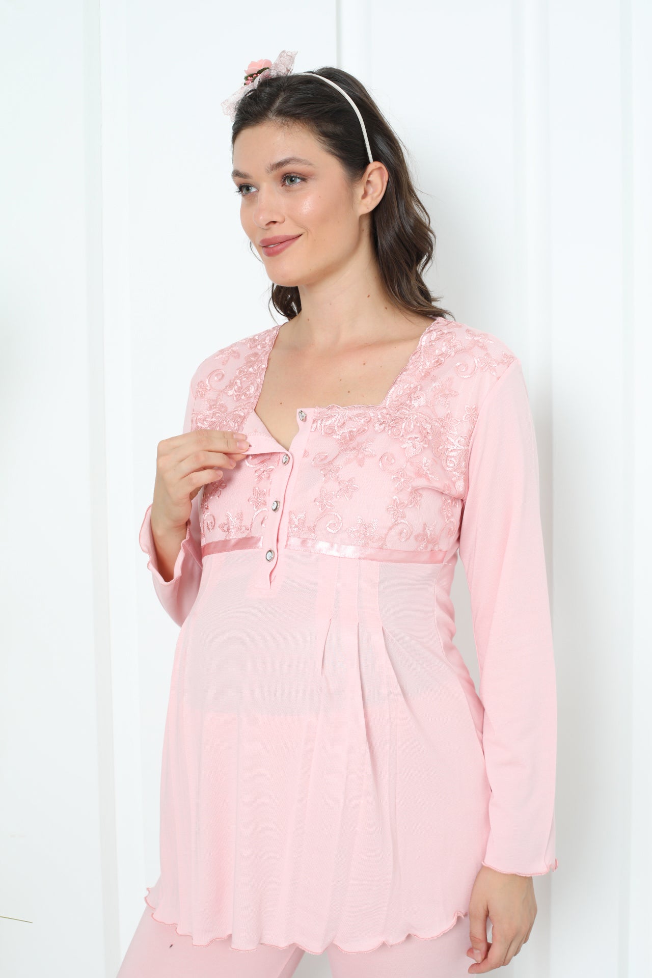 Hamile Pijama Takımı Uzun Kol Düğmeli Havuz Yaka Emzirmeli Dantel / Saten Detaylı 2'li Lohusa Takımı 1163