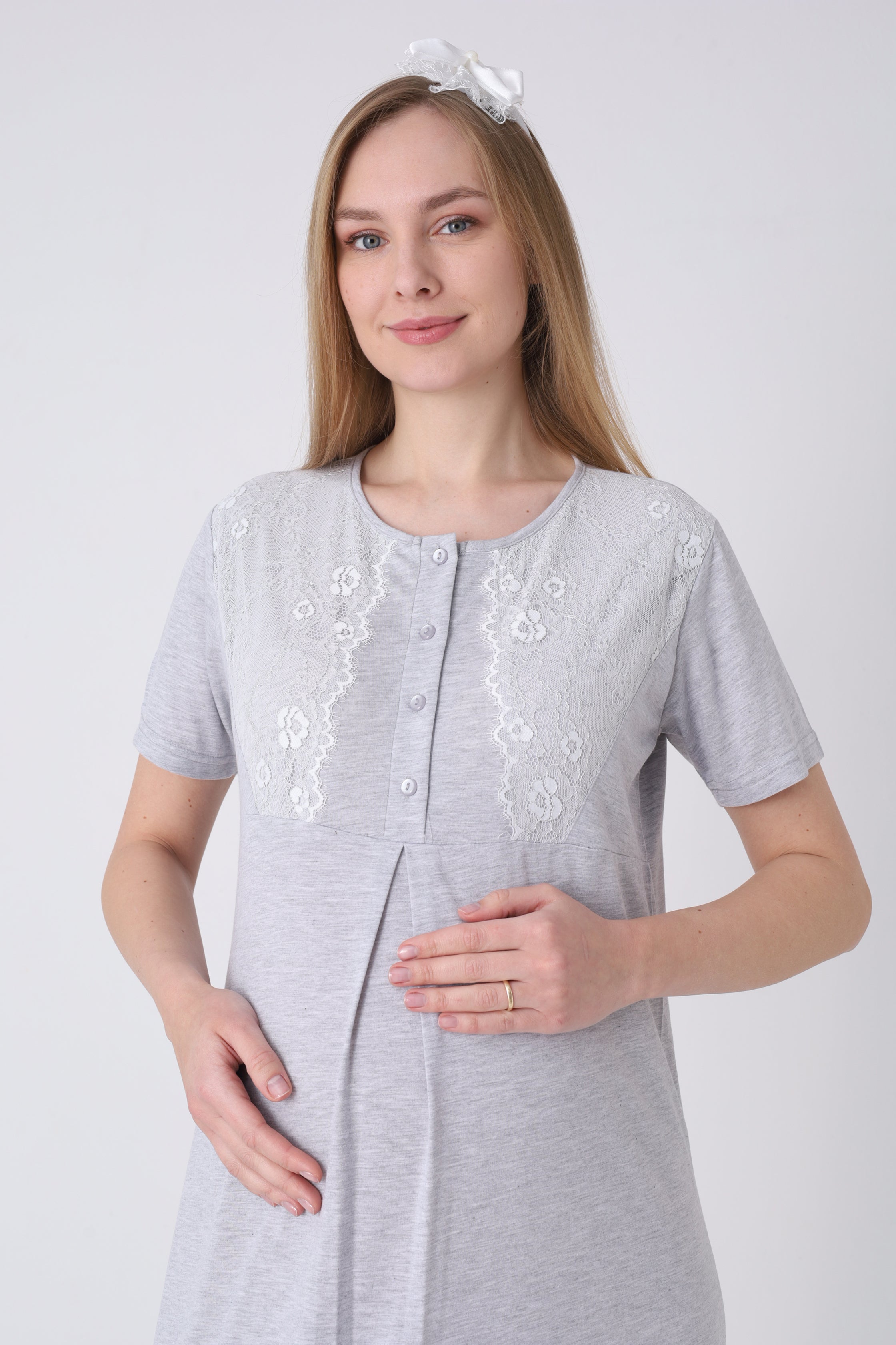 Hamile Gecelik ve Sabahlık Takımı – Lohusa Gecelik Seti, Puantiyeli Dantel Detaylı Pamuk Viskon - 2323