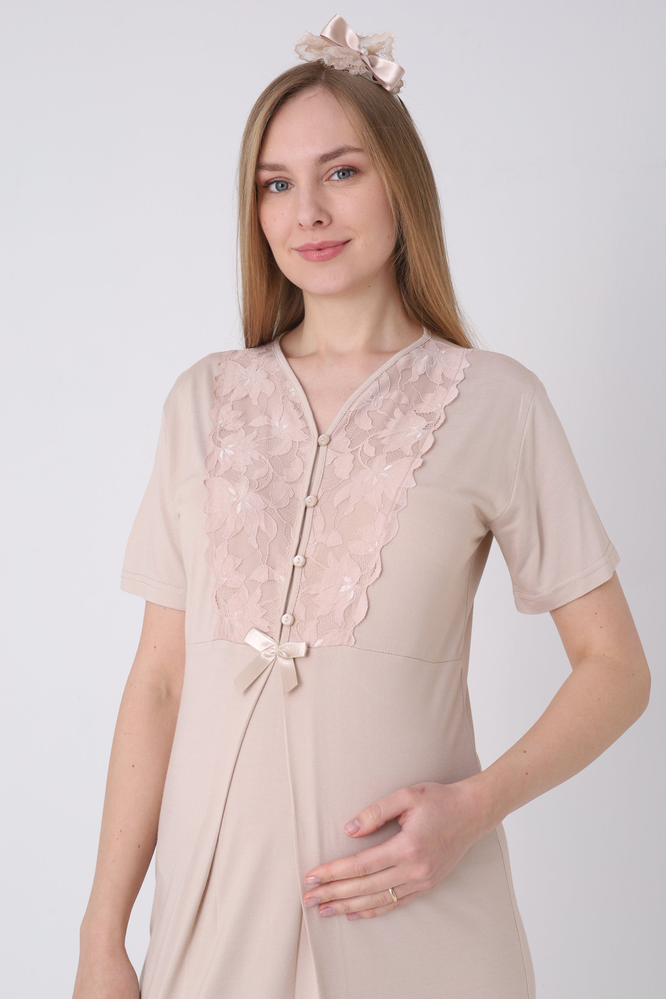 Hamile Gecelik ve Sabahlık Takımı – Lohusa Seti, Geniş Dantel Kollu Pamuklu - 2325