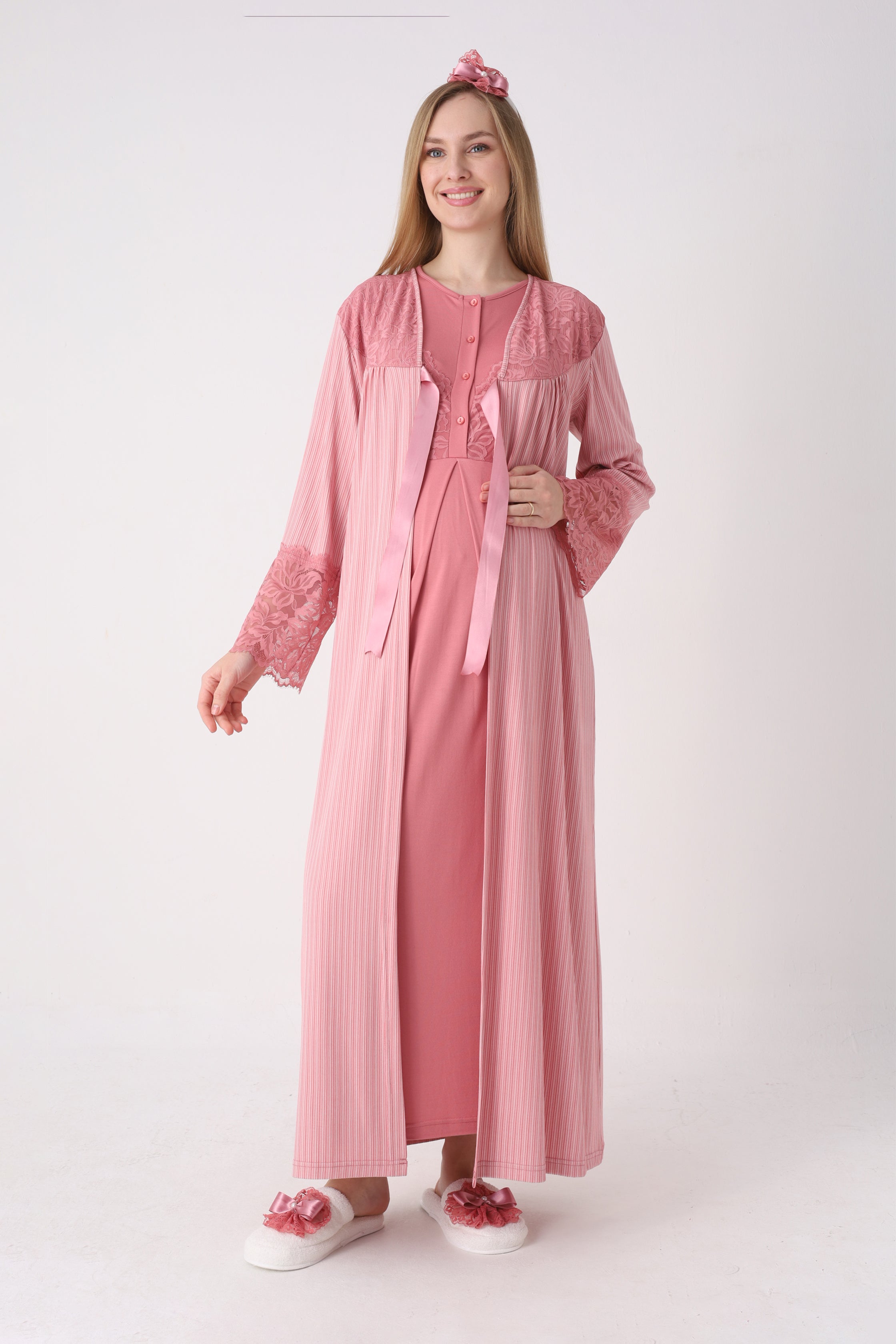 Fitilli Sabahlıklı Dantelli Hamile Lohusa Gecelik Takımı - 2326