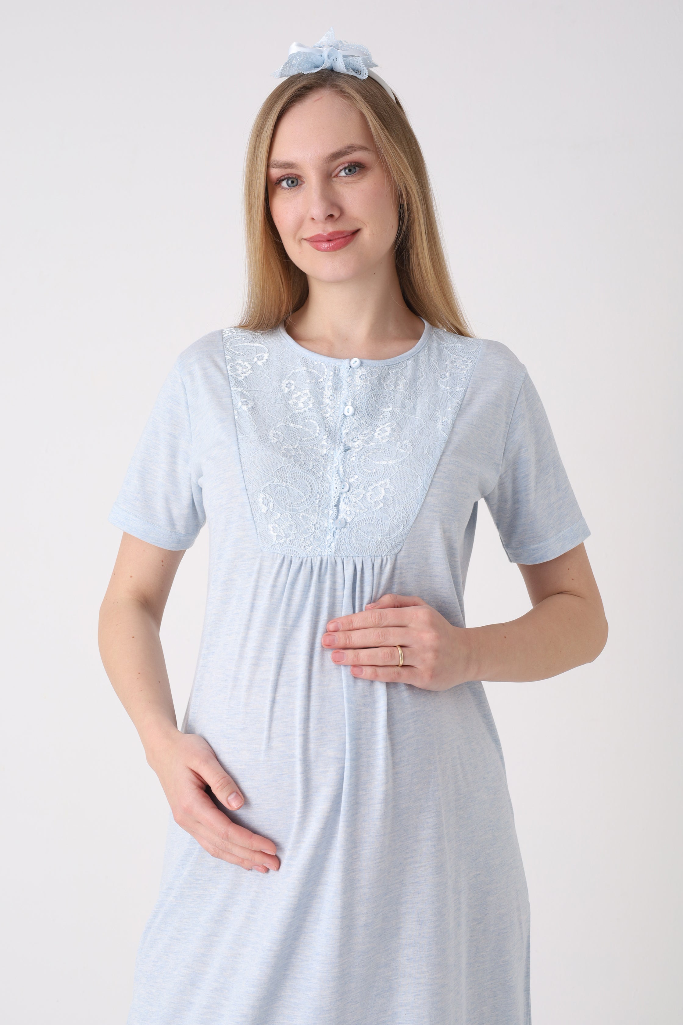 Çiçek Desenli Sabahlıklı Dantel Yakalı Lohusa Gecelik Takımı - 2327