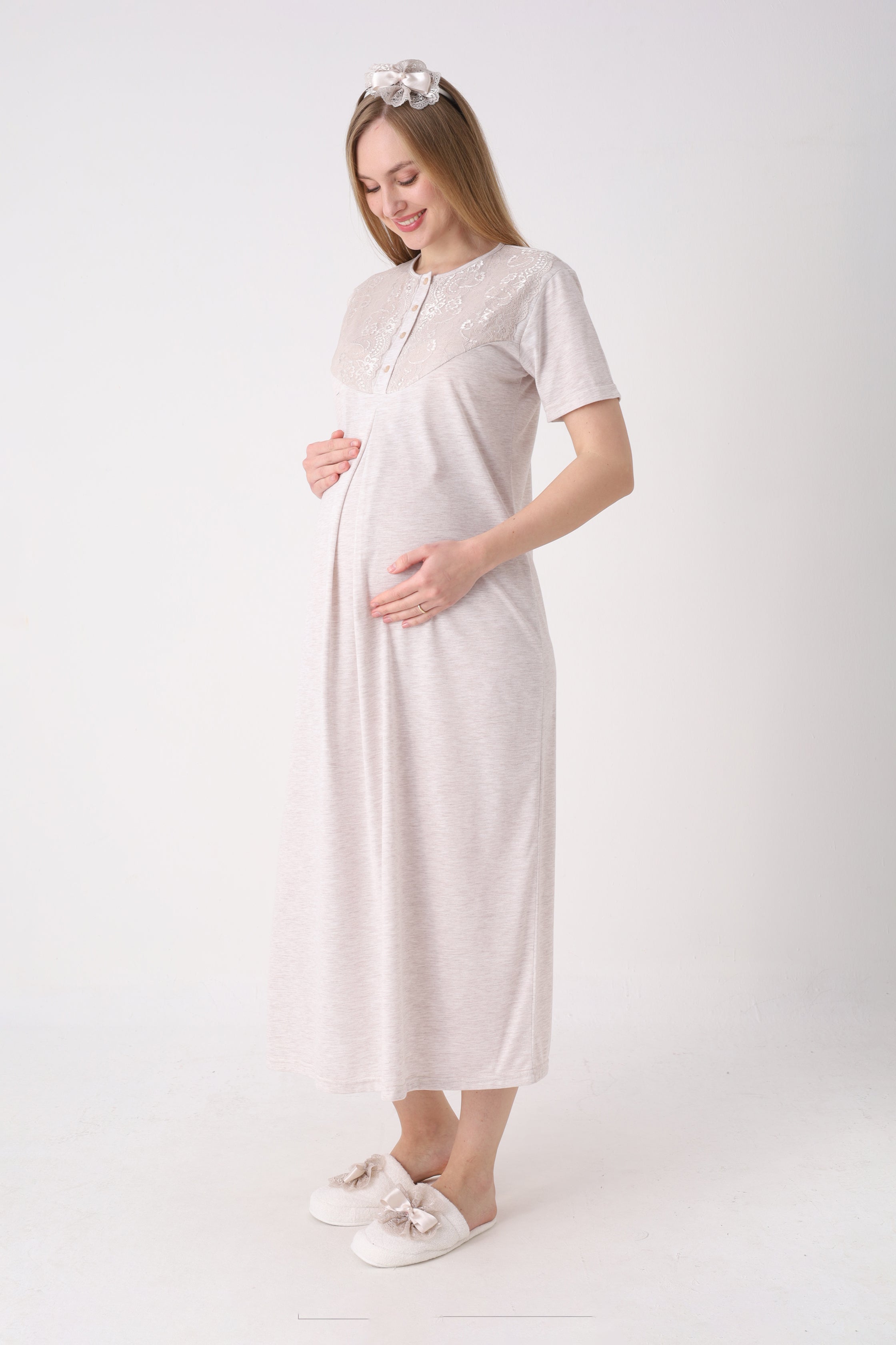 Dantelli Melanj Dokulu Hamile Lohusa Gecelik Sabahlık 2'li Takım - 2328