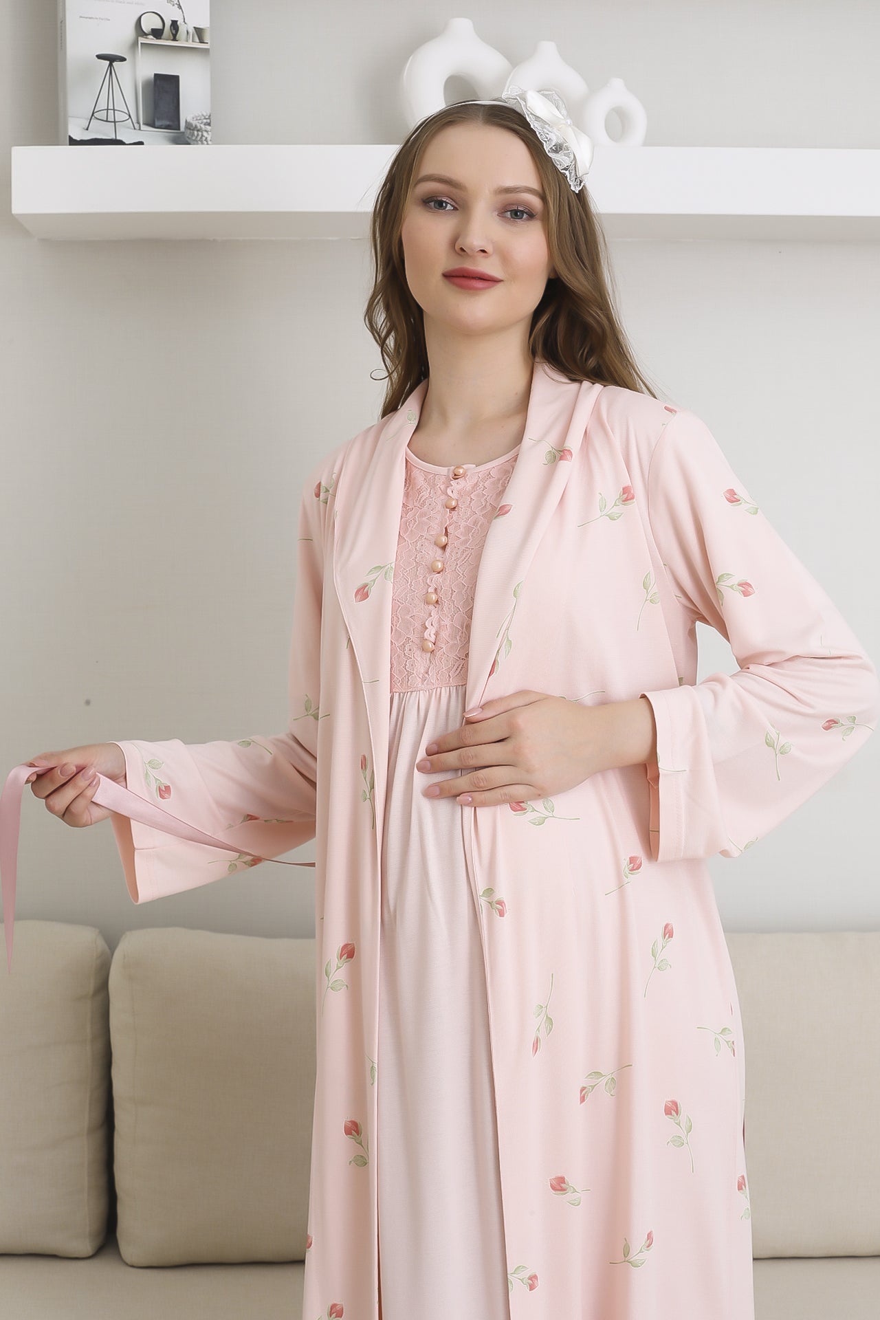 Lohusa Uzun Gecelik ve Sabahlık Hamile Takım 6 Düğmeli Emzirme ve Tesettüre Uygun 2300