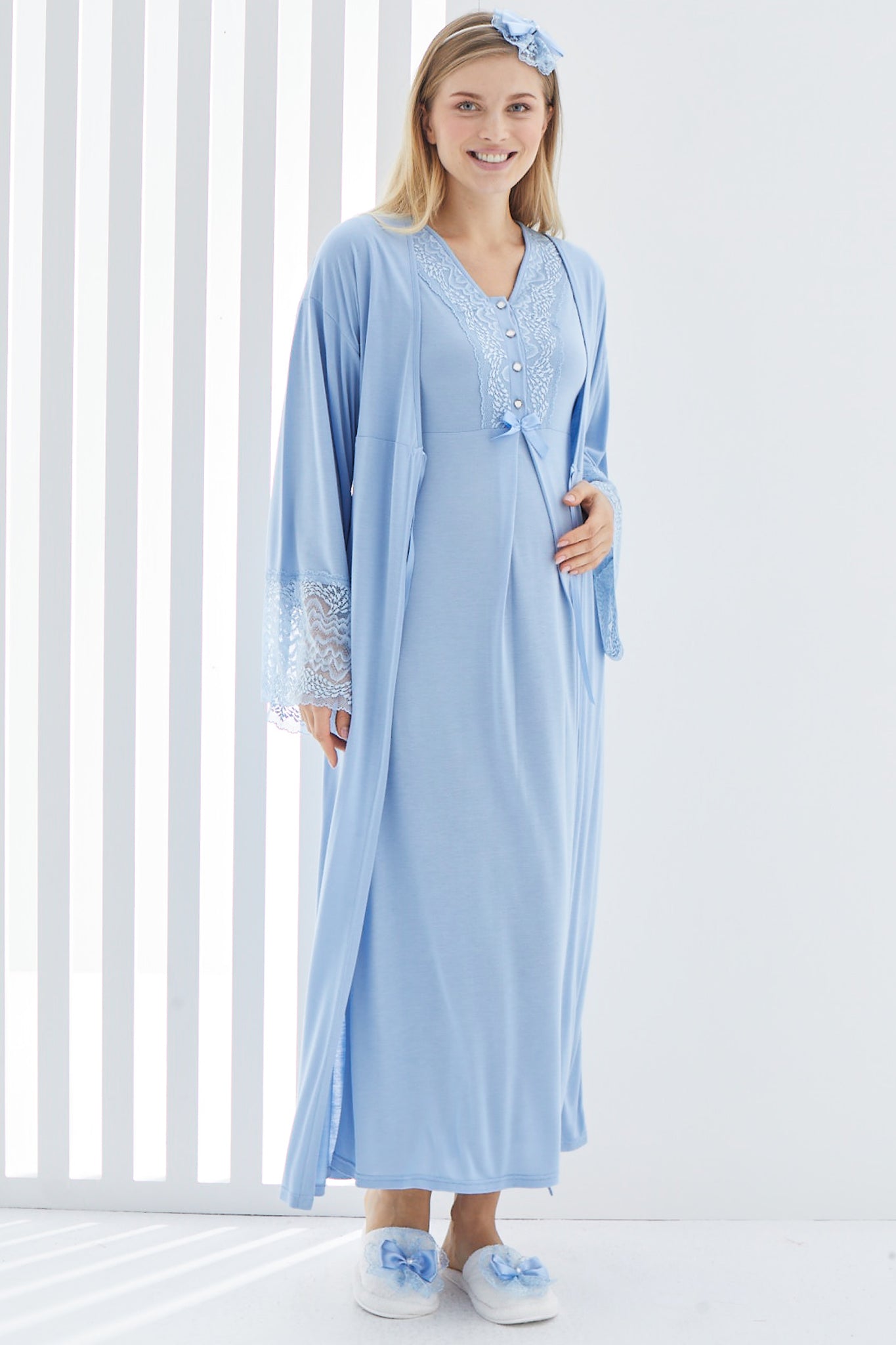 Gecelik ve Sabahlıklı Hamile Takımı/Pamuklu Lohusa Takımı/Kısa Kol Gecelik - 2269