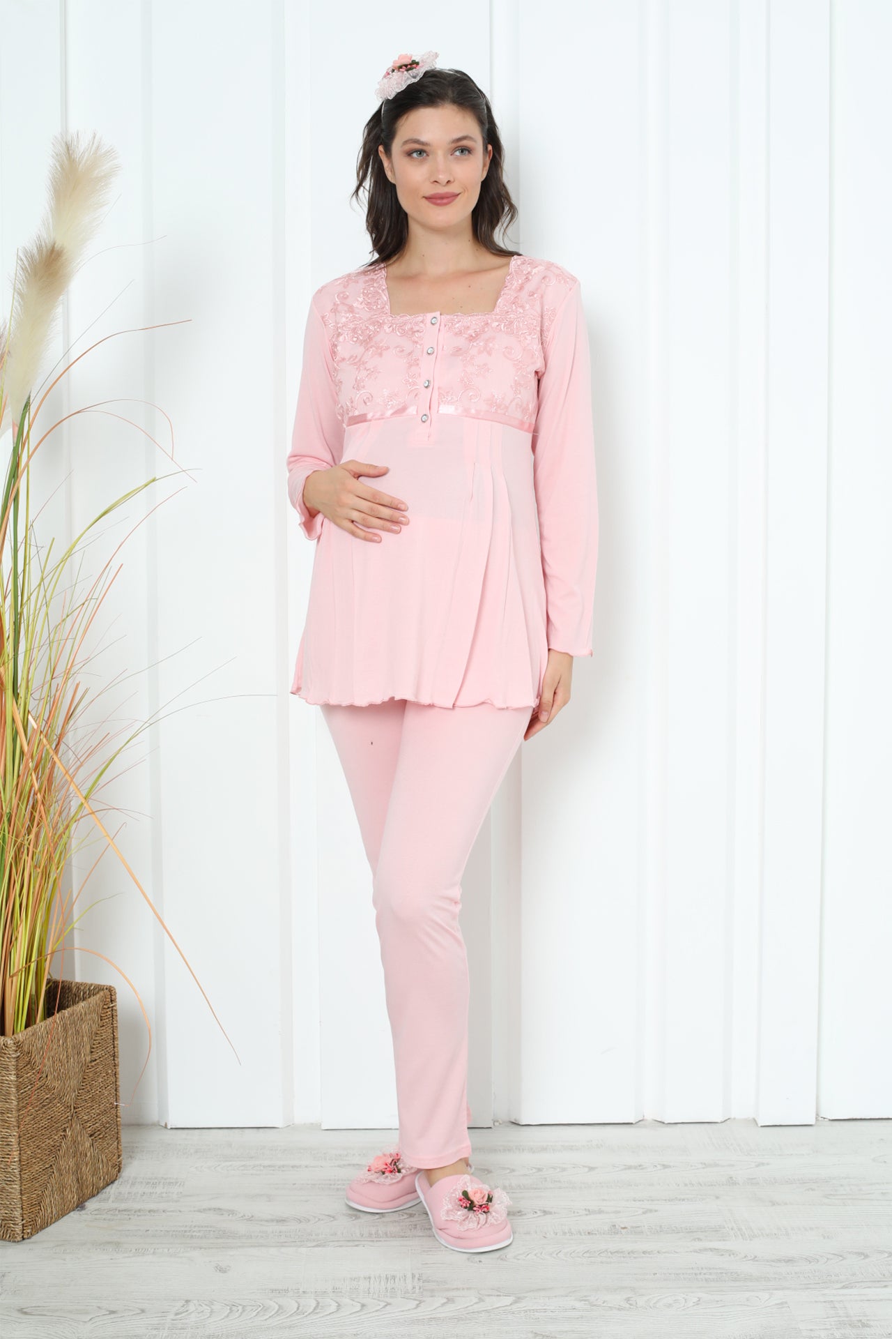 Hamile Pijama Takımı Uzun Kol Düğmeli Havuz Yaka Emzirmeli Dantel / Saten Detaylı 2'li Lohusa Takımı 1163