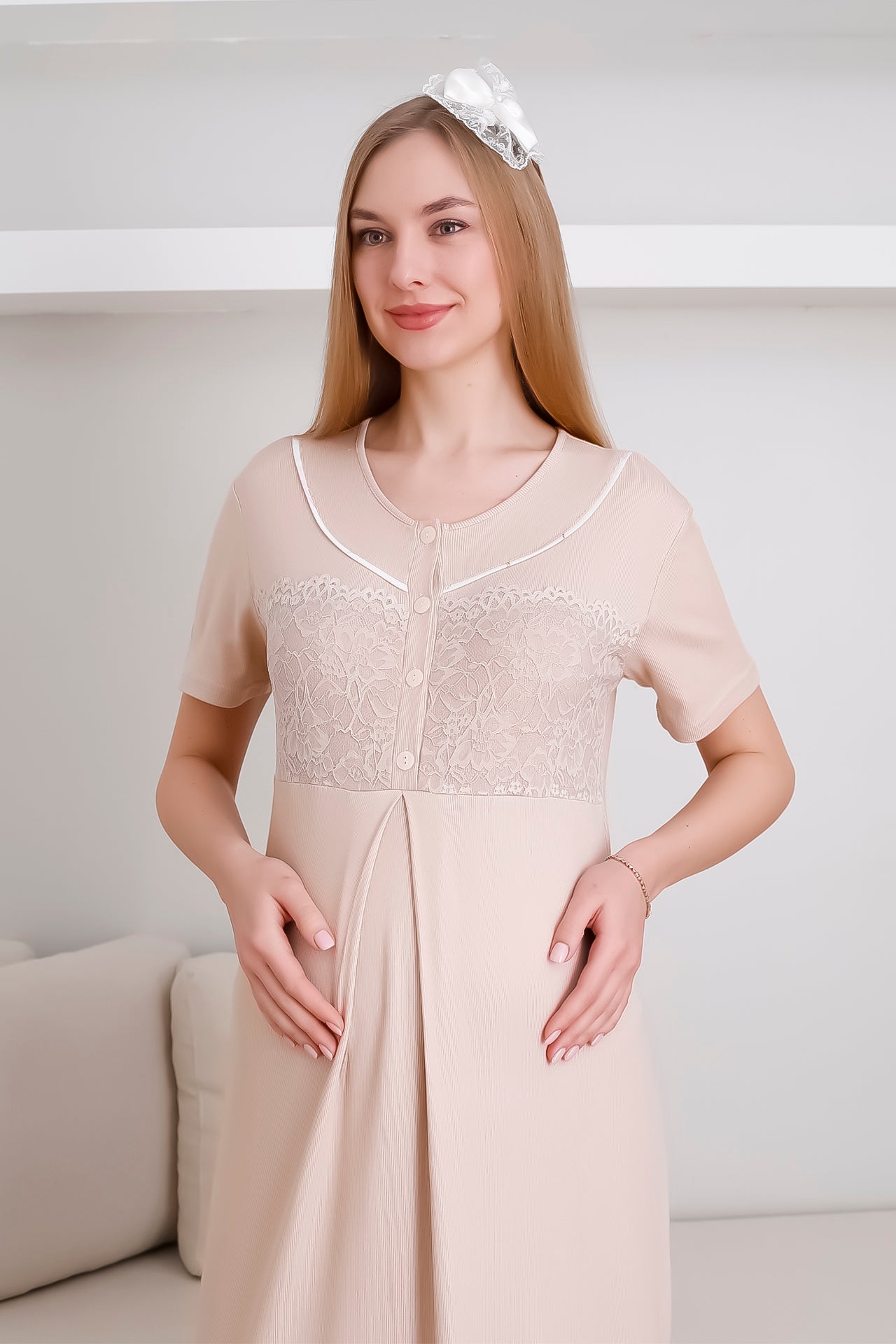 Melisa Gecelik ve Sabahlık Takımı / Hamile & Lohusa 2'li Gecelik Takımı / Kısa Kollu Gecelik - 2294