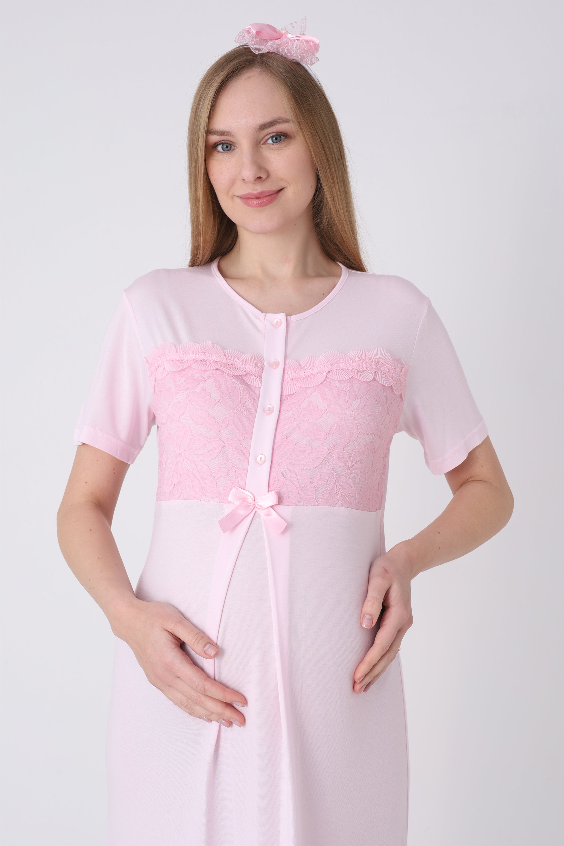 Hamile Gecelik ve Sabahlık Takımı – Lohusa Gecelik Seti, İspanyol Kollu Yaka Dantelli Pamuk Viskon - 2324