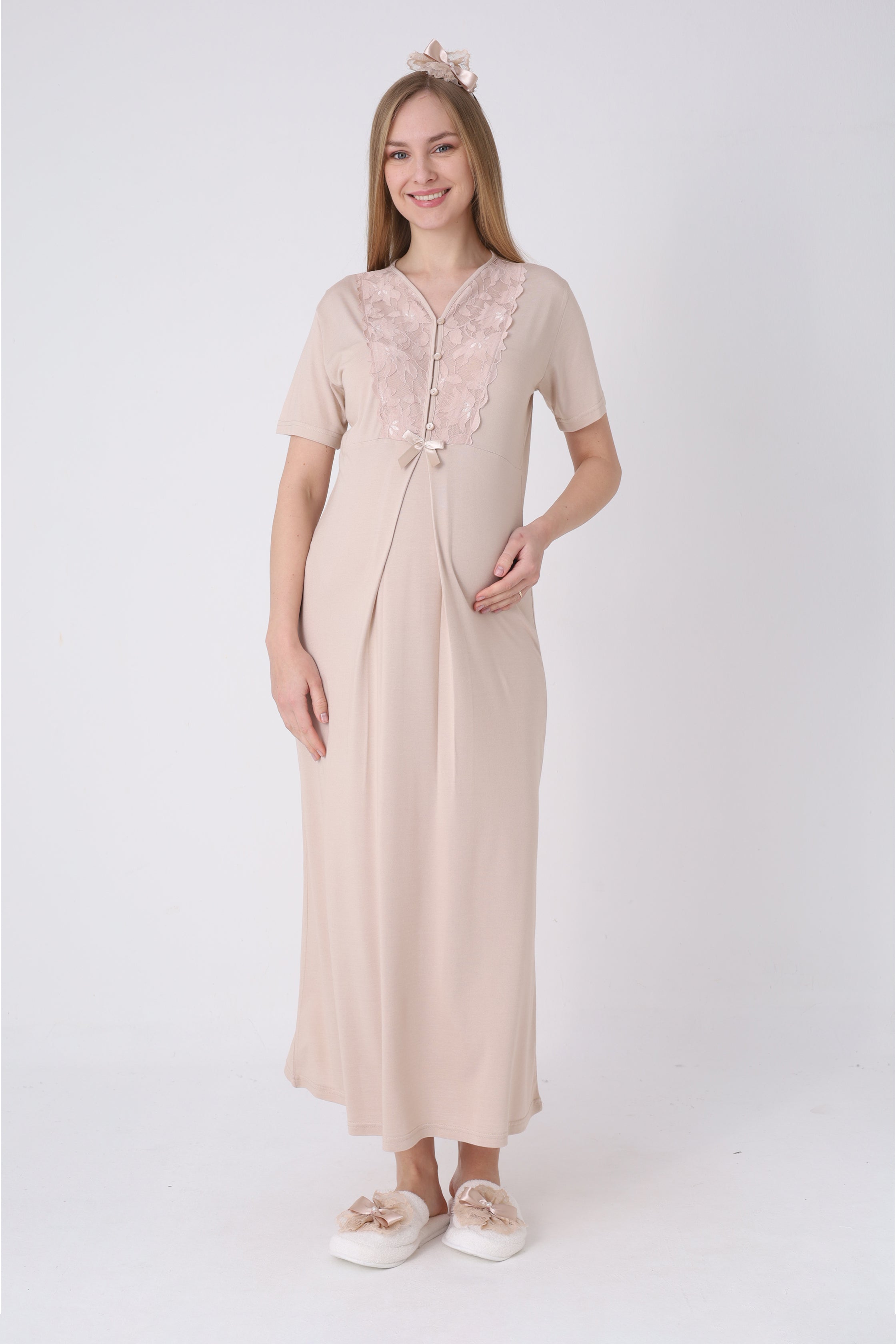 Hamile Gecelik ve Sabahlık Takımı – Lohusa Seti, Geniş Dantel Kollu Pamuklu - 2325