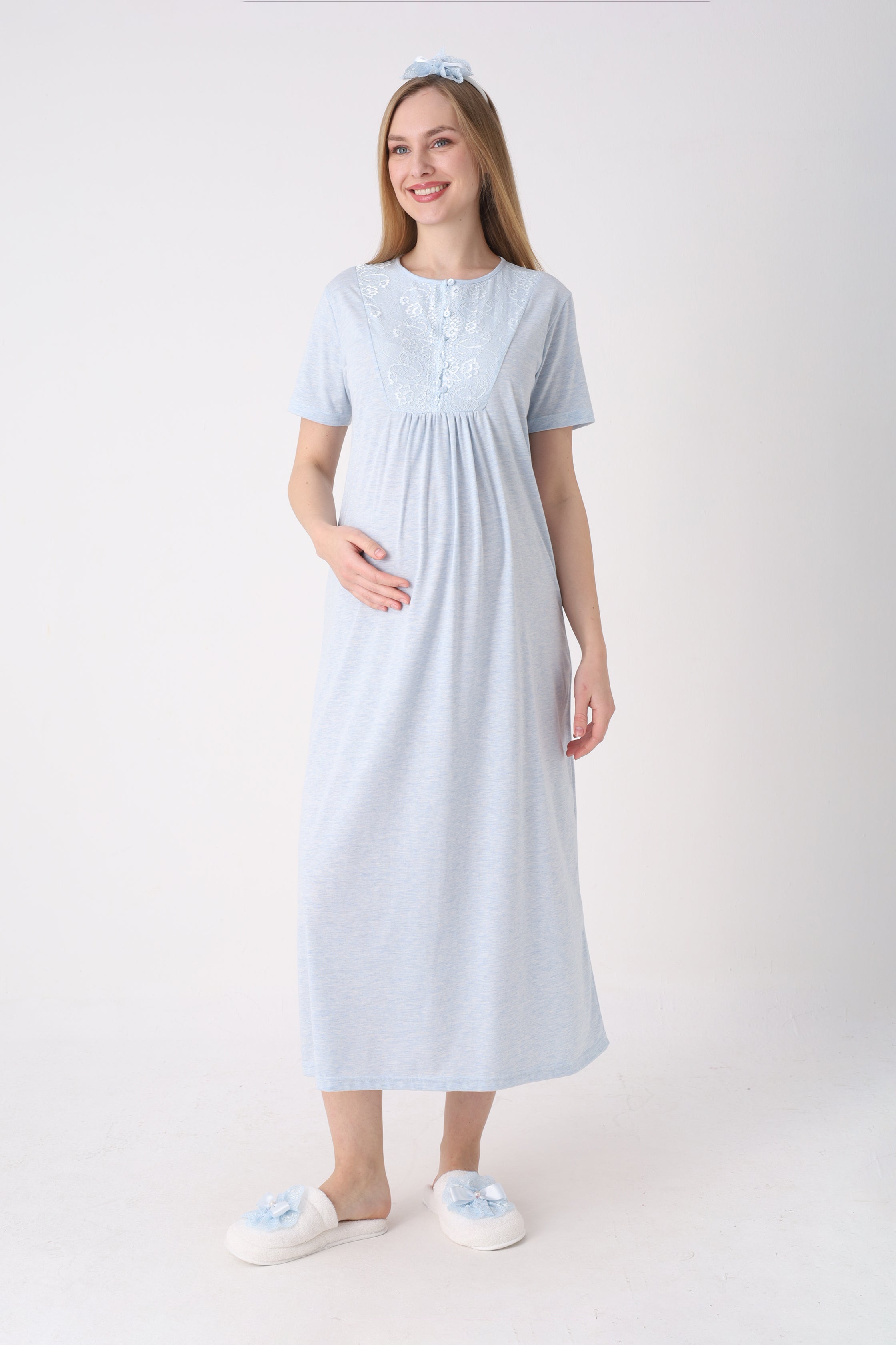 Çiçek Desenli Sabahlıklı Dantel Yakalı Lohusa Gecelik Takımı - 2327