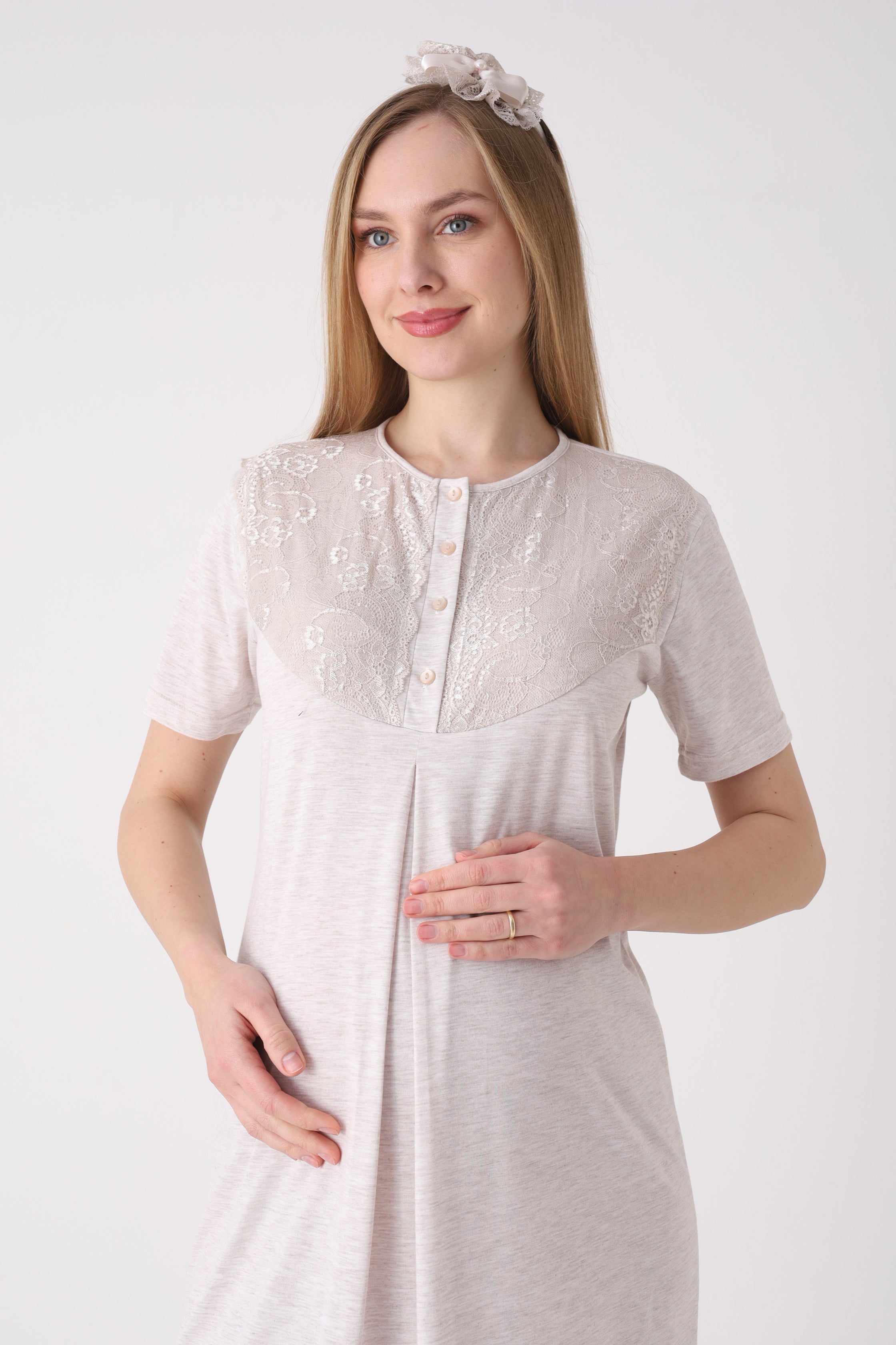 Dantelli Melanj Dokulu Hamile Lohusa Gecelik Sabahlık 2'li Takım - 2328