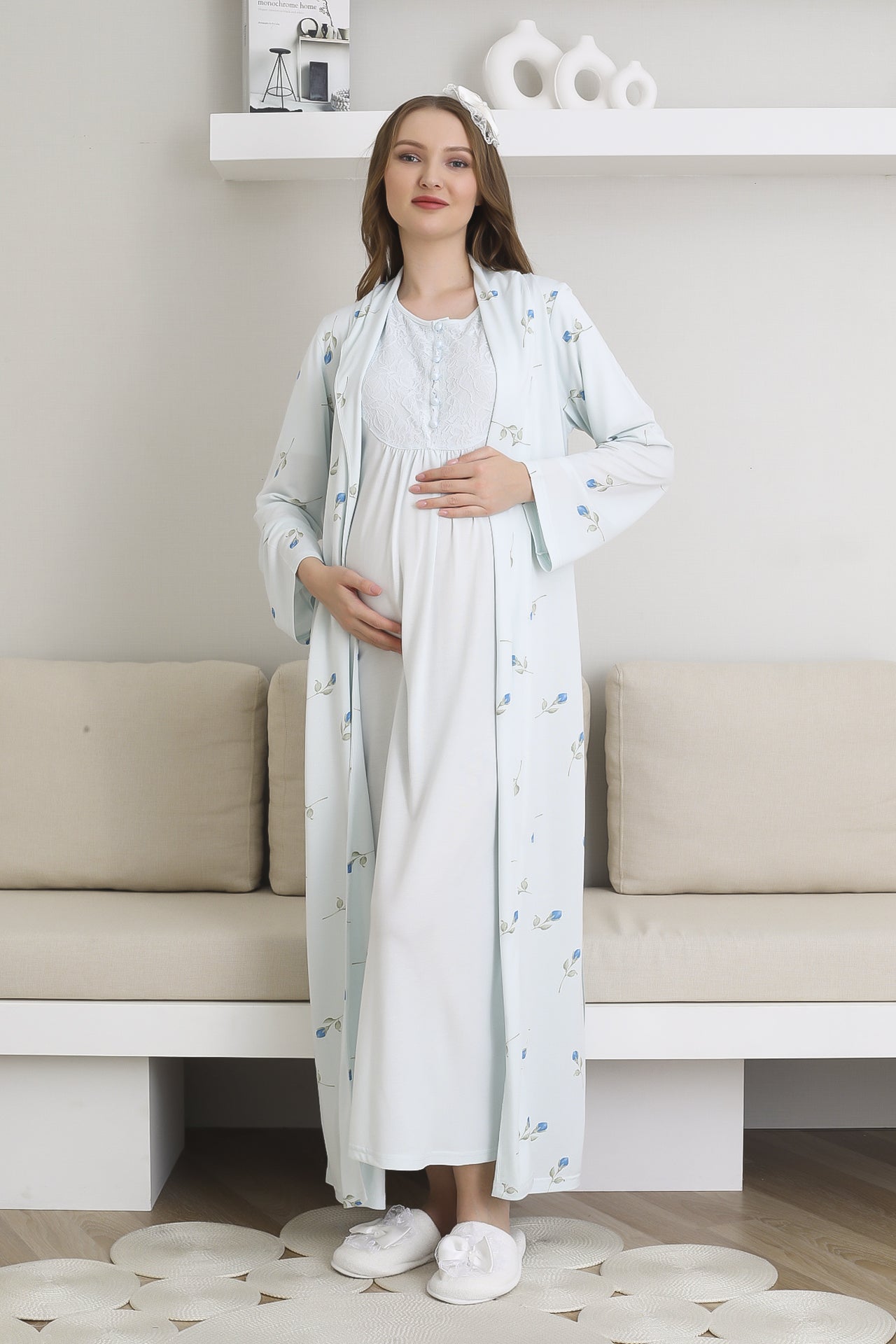 Lohusa Uzun Gecelik ve Sabahlık Hamile Takım 6 Düğmeli Emzirme ve Tesettüre Uygun 2300