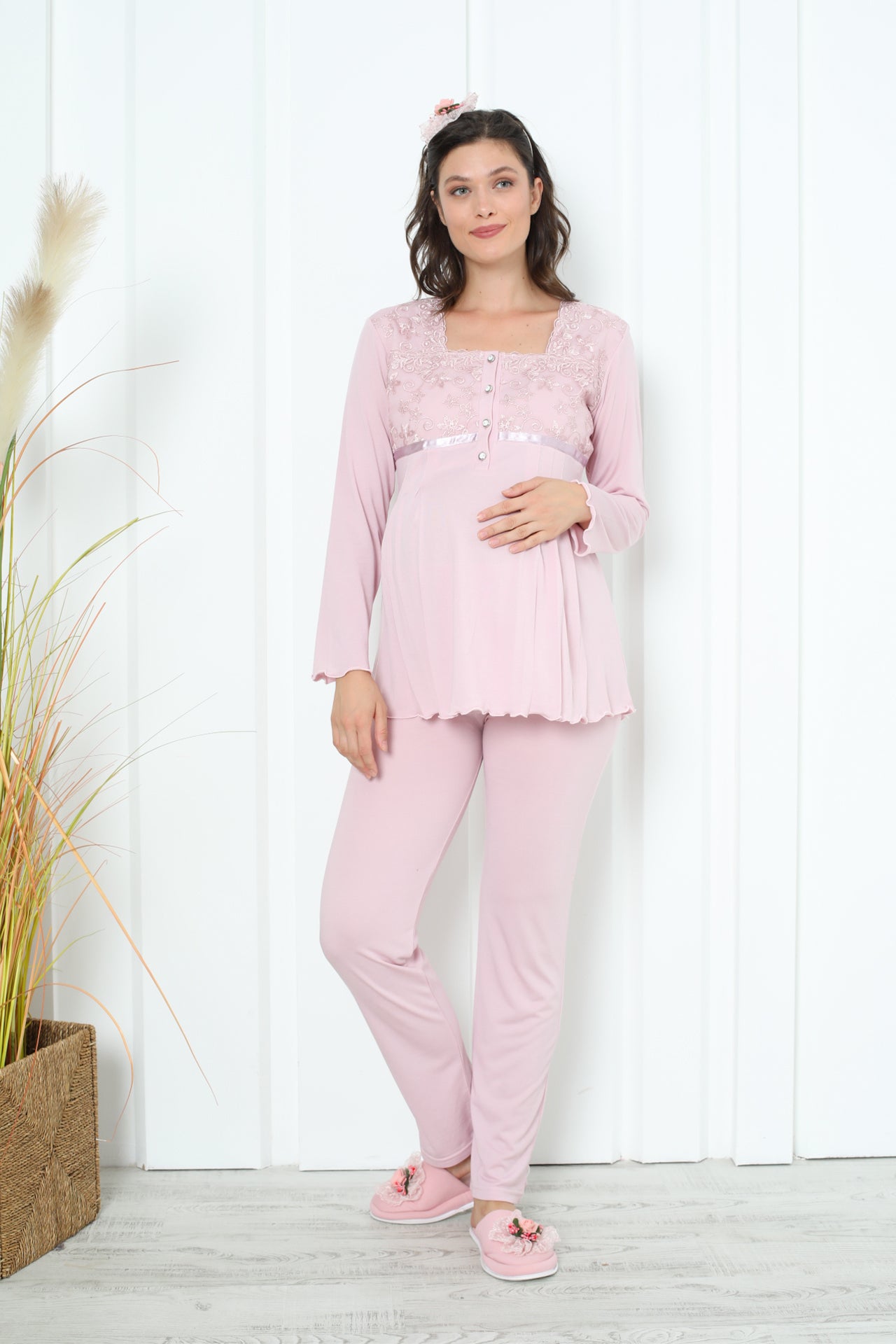 Hamile Pijama Takımı Uzun Kol Düğmeli Havuz Yaka Emzirmeli Dantel / Saten Detaylı 2'li Lohusa Takımı 1163