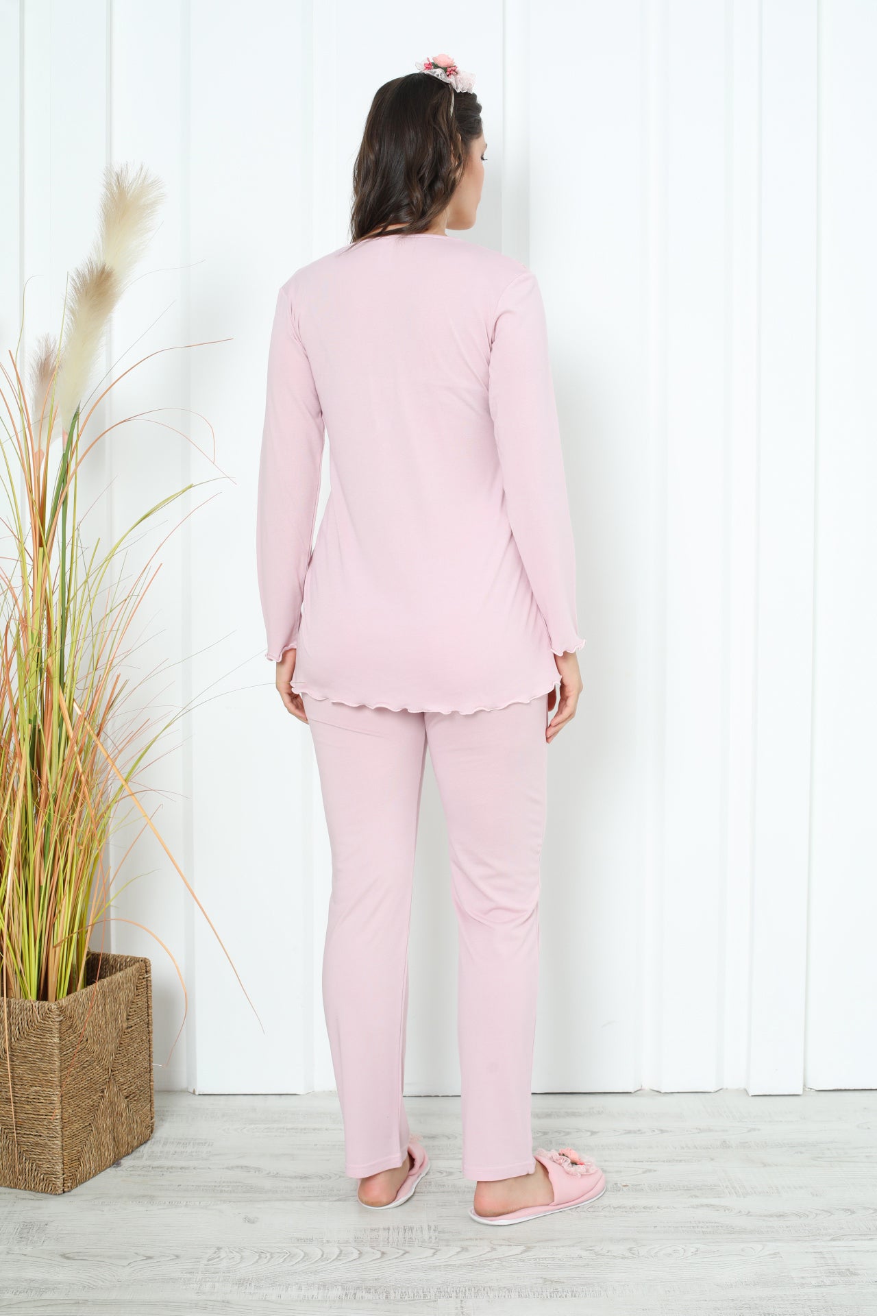 Hamile Pijama Takımı Uzun Kol Düğmeli Havuz Yaka Emzirmeli Dantel / Saten Detaylı 2'li Lohusa Takımı 1163