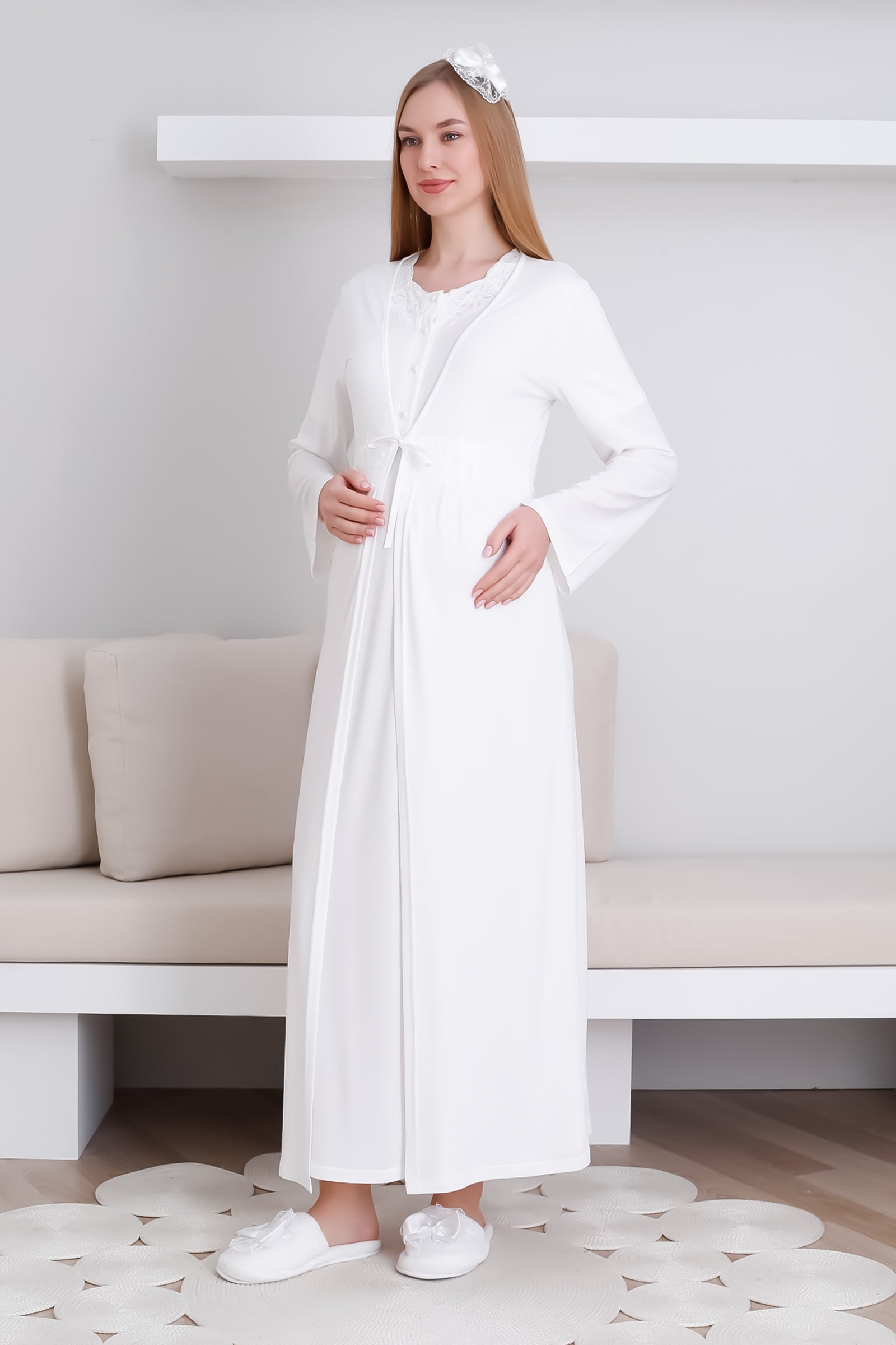 Dantelli V Yaka Hamile & Lohusa Gecelik ve Sabahlık Takım - 2292