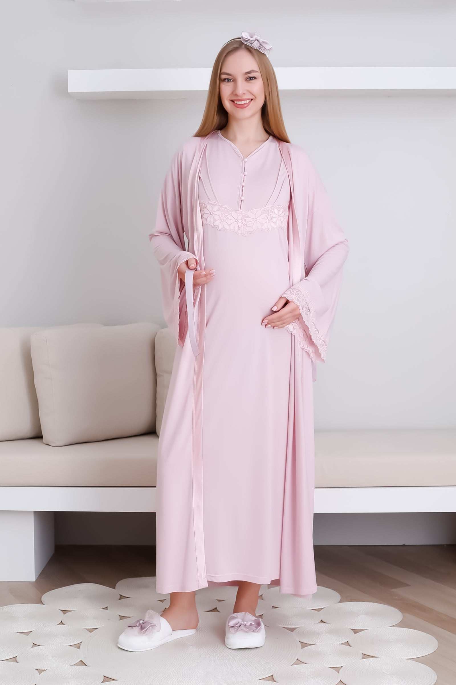 Hamile Gecelik Takım Önü Düğmeli 2'li Gecelik ve Sabahlık Takım Kısa Kol Gecelik & Uzun Kol Sabahlık - 2293