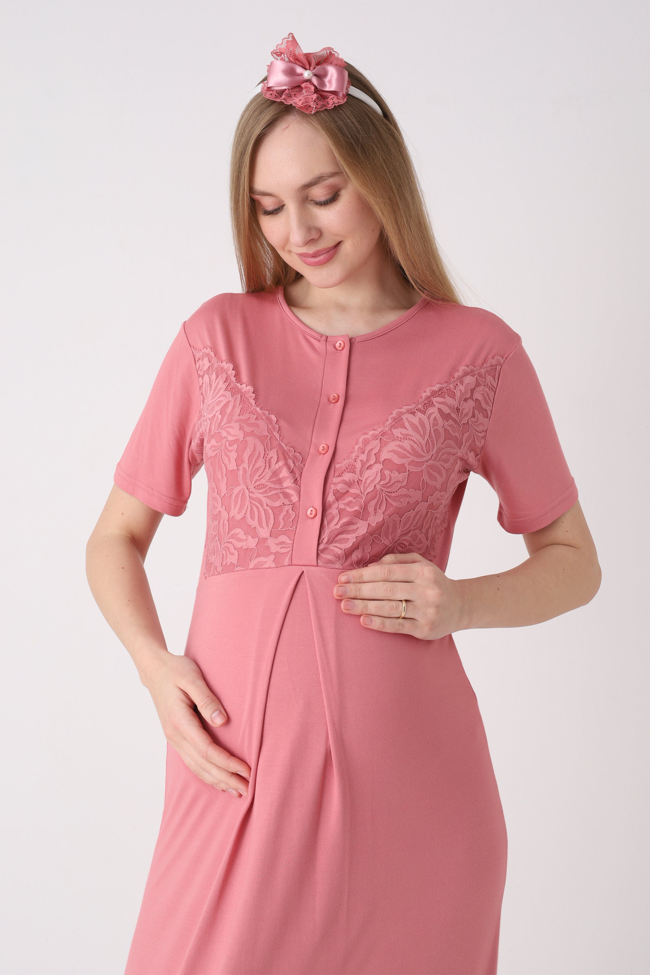 Fitilli Sabahlıklı Dantelli Hamile Lohusa Gecelik Takımı - 2326