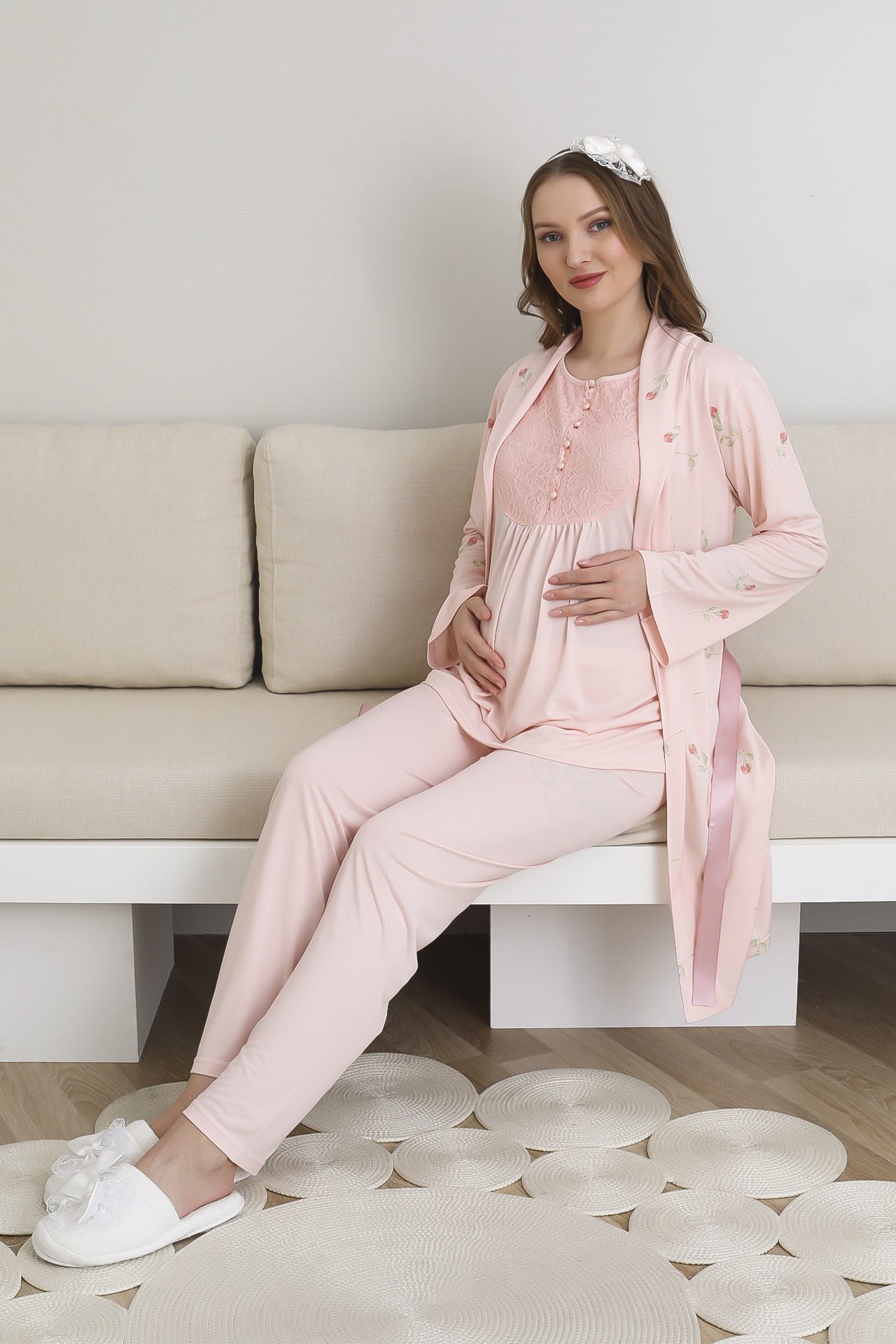 Pijama ve Sabahlıklı Hamile Lohusa Giyim / 6 Düğmeli Emzirme ve Tesettüre Uygun Pijama Takımı 3441