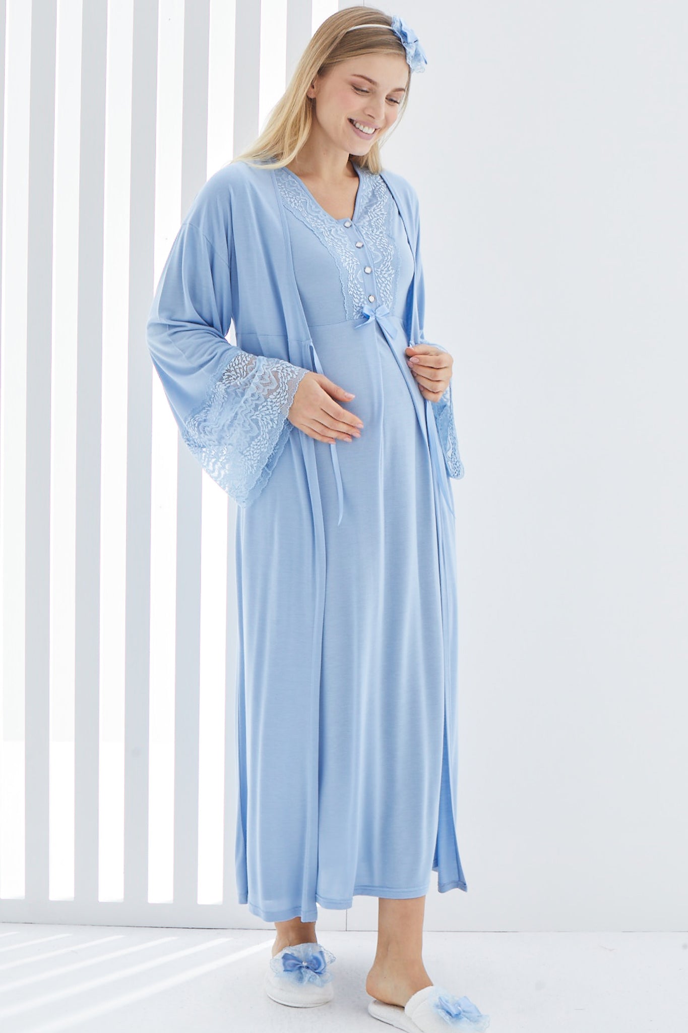 Gecelik ve Sabahlıklı Hamile Takımı/Pamuklu Lohusa Takımı/Kısa Kol Gecelik - 2269
