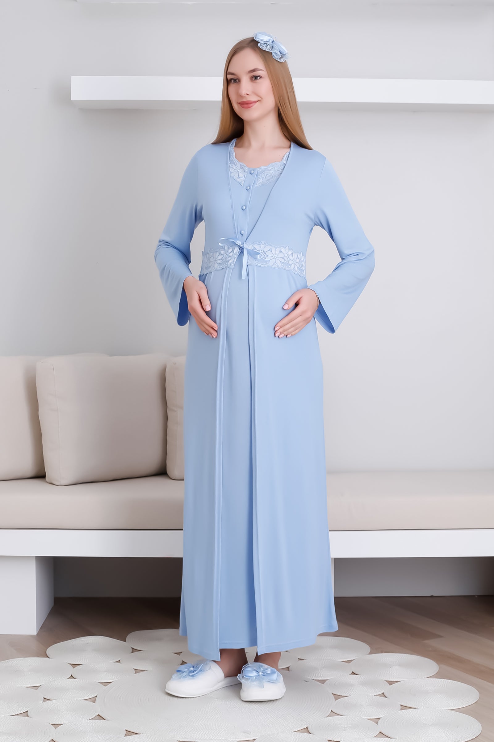 Dantelli V Yaka Hamile & Lohusa Gecelik ve Sabahlık Takım - 2292