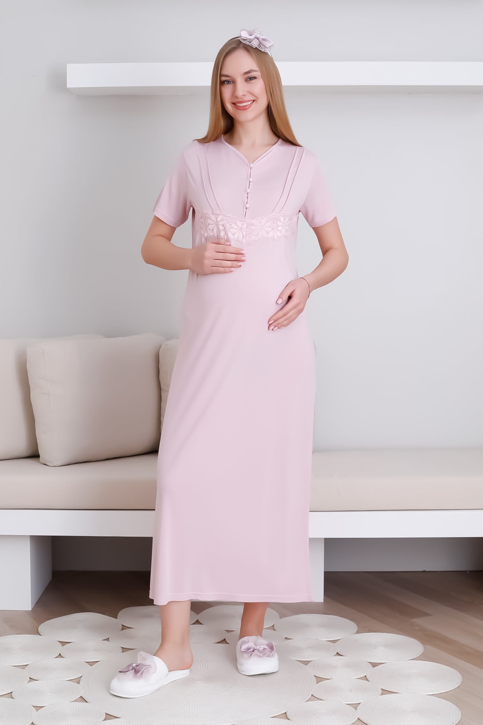 Hamile Gecelik Takım Önü Düğmeli 2'li Gecelik ve Sabahlık Takım Kısa Kol Gecelik & Uzun Kol Sabahlık - 2293