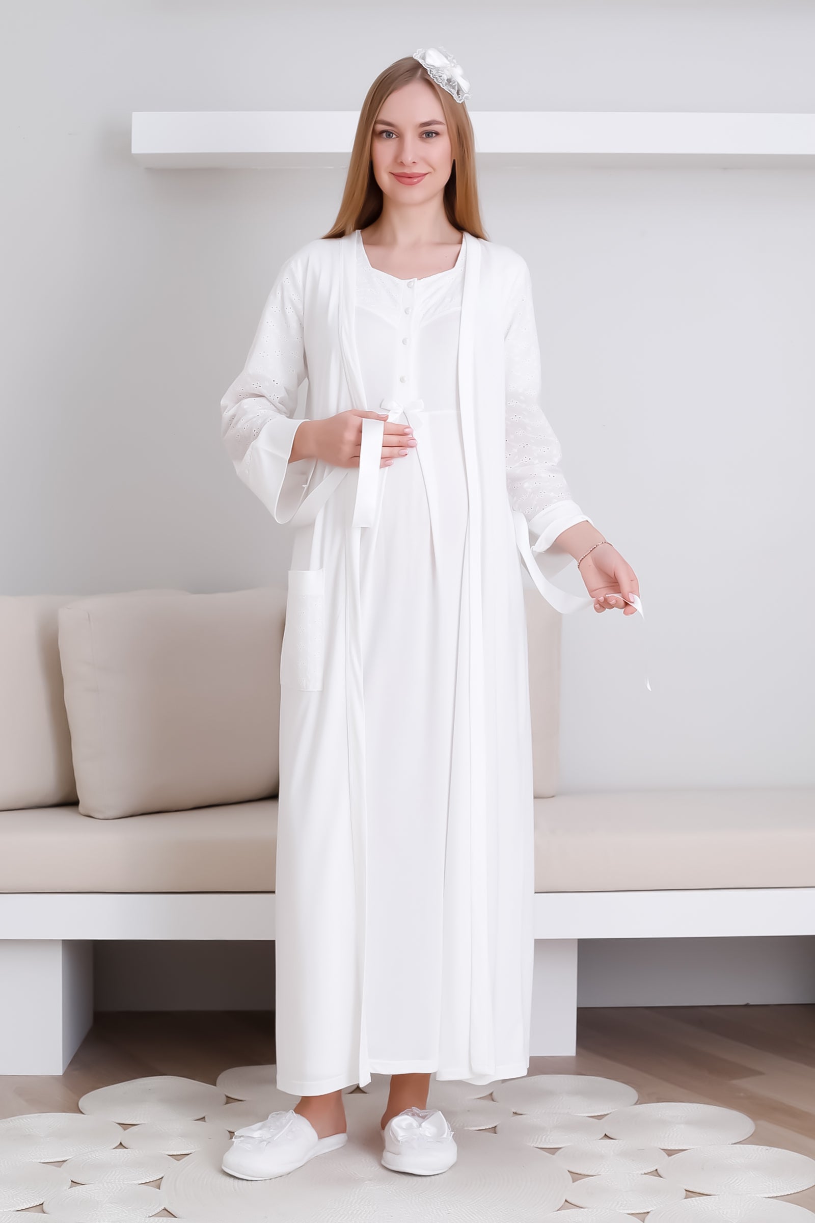 Hamile Gecelik & Sabahlık Takım / Cepli Sabahlık & V yaka Kısa Kol Gecelik - 2297