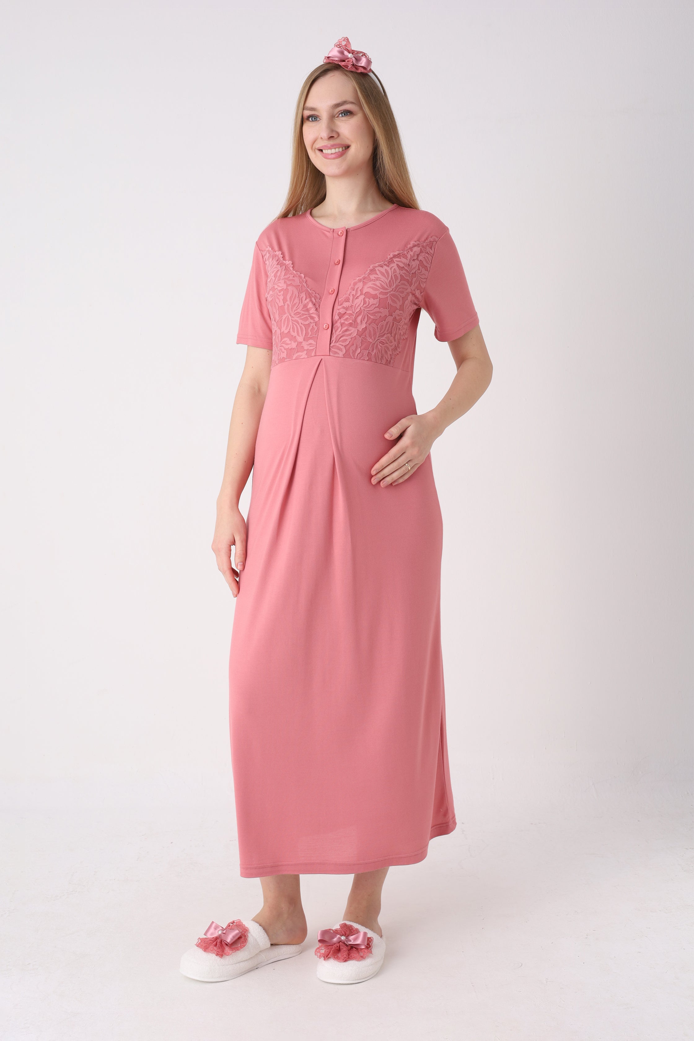 Fitilli Sabahlıklı Dantelli Hamile Lohusa Gecelik Takımı - 2326