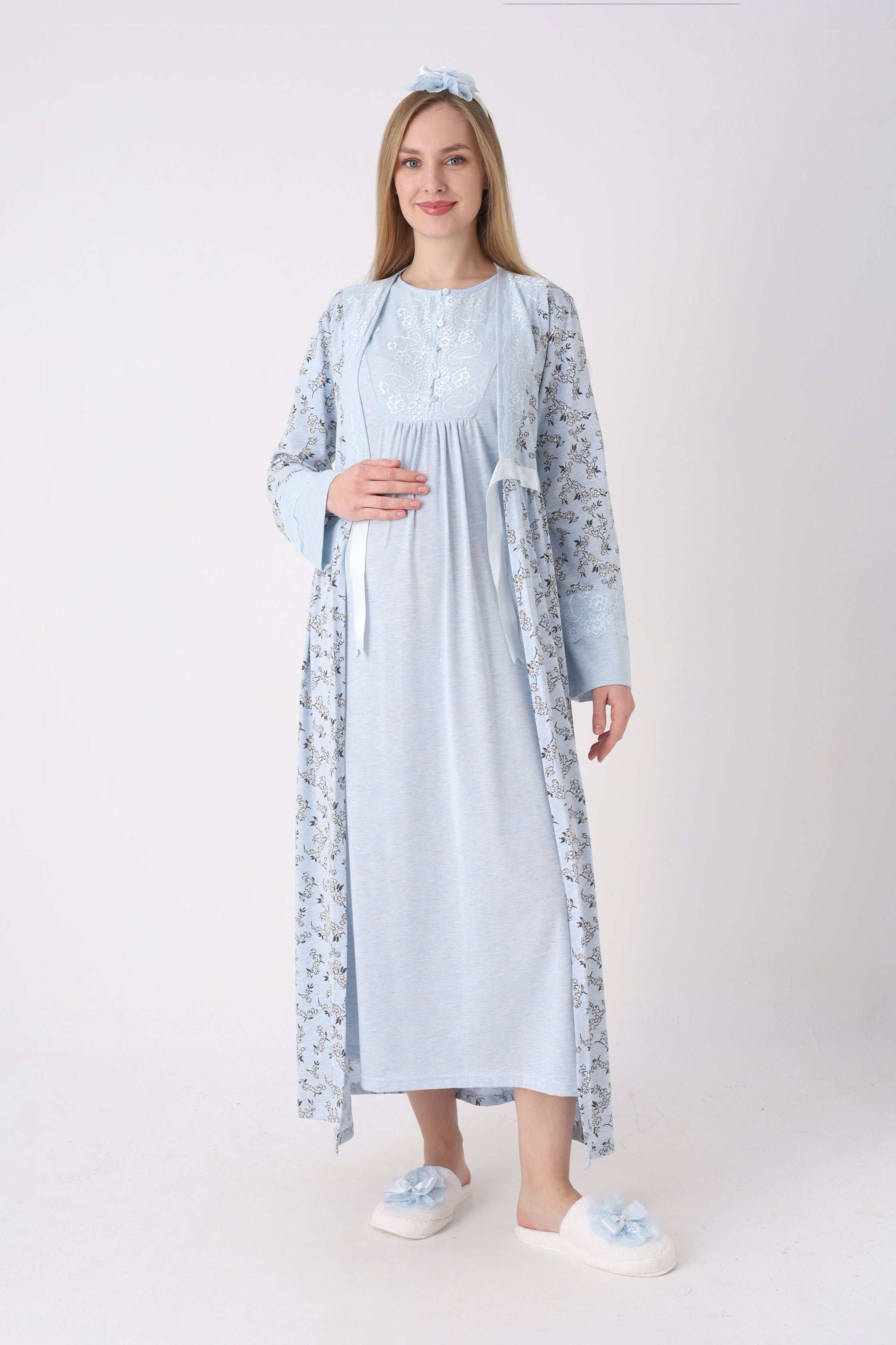 Çiçek Desenli Sabahlıklı Dantel Yakalı Lohusa Gecelik Takımı - 2327