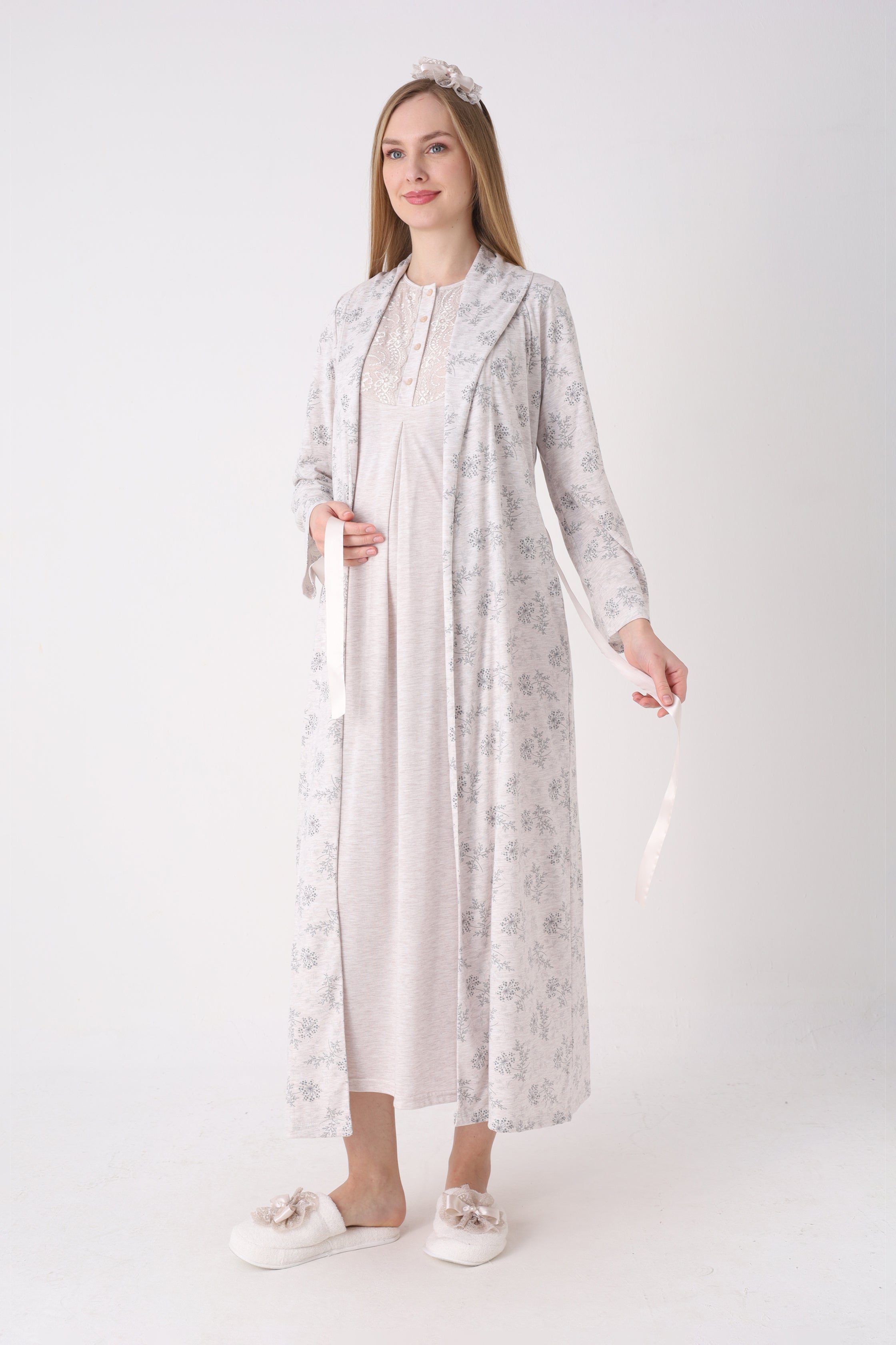 Dantelli Melanj Dokulu Hamile Lohusa Gecelik Sabahlık 2'li Takım - 2328