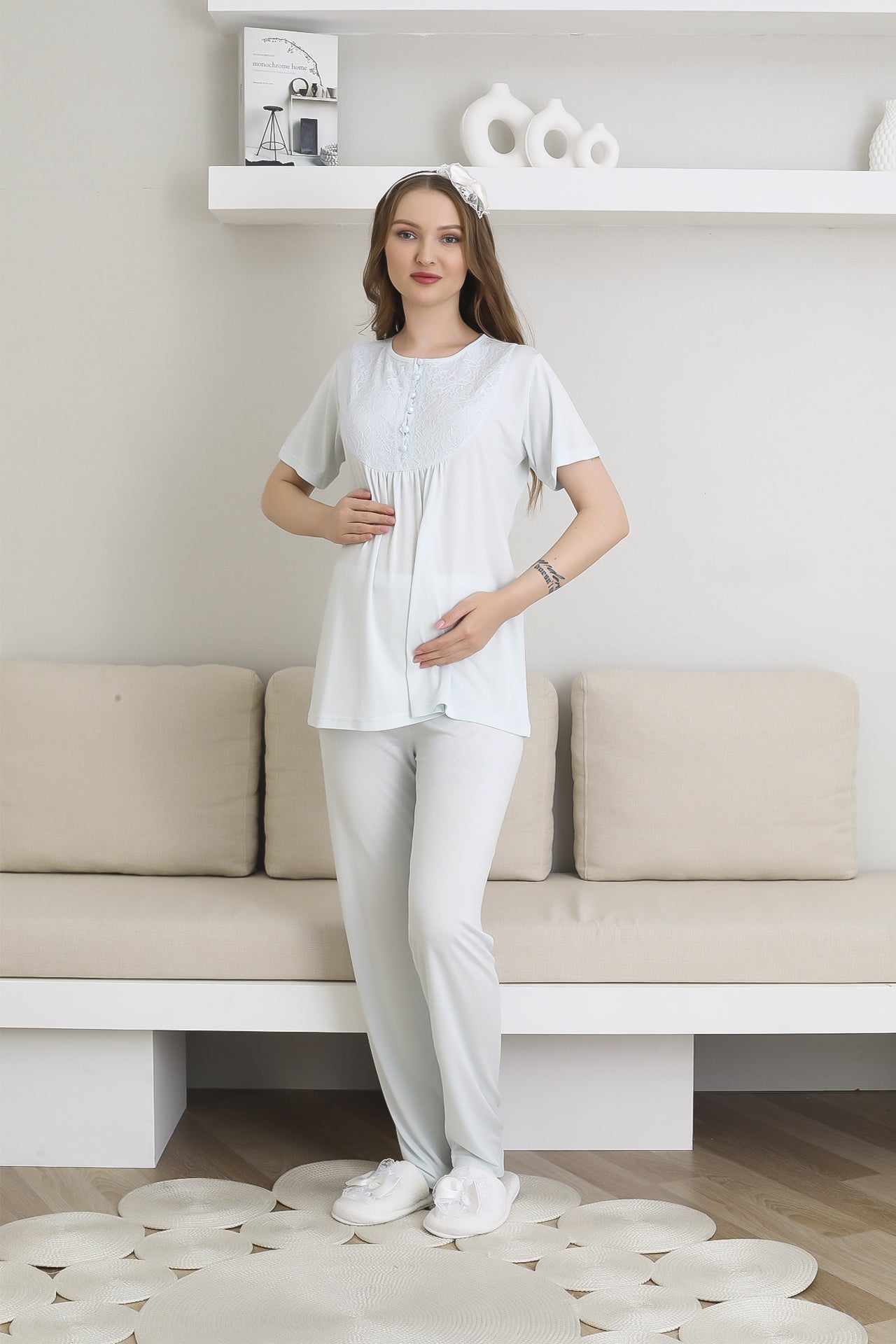 Pijama ve Sabahlıklı Hamile Lohusa Giyim / 6 Düğmeli Emzirme ve Tesettüre Uygun Pijama Takımı 3441