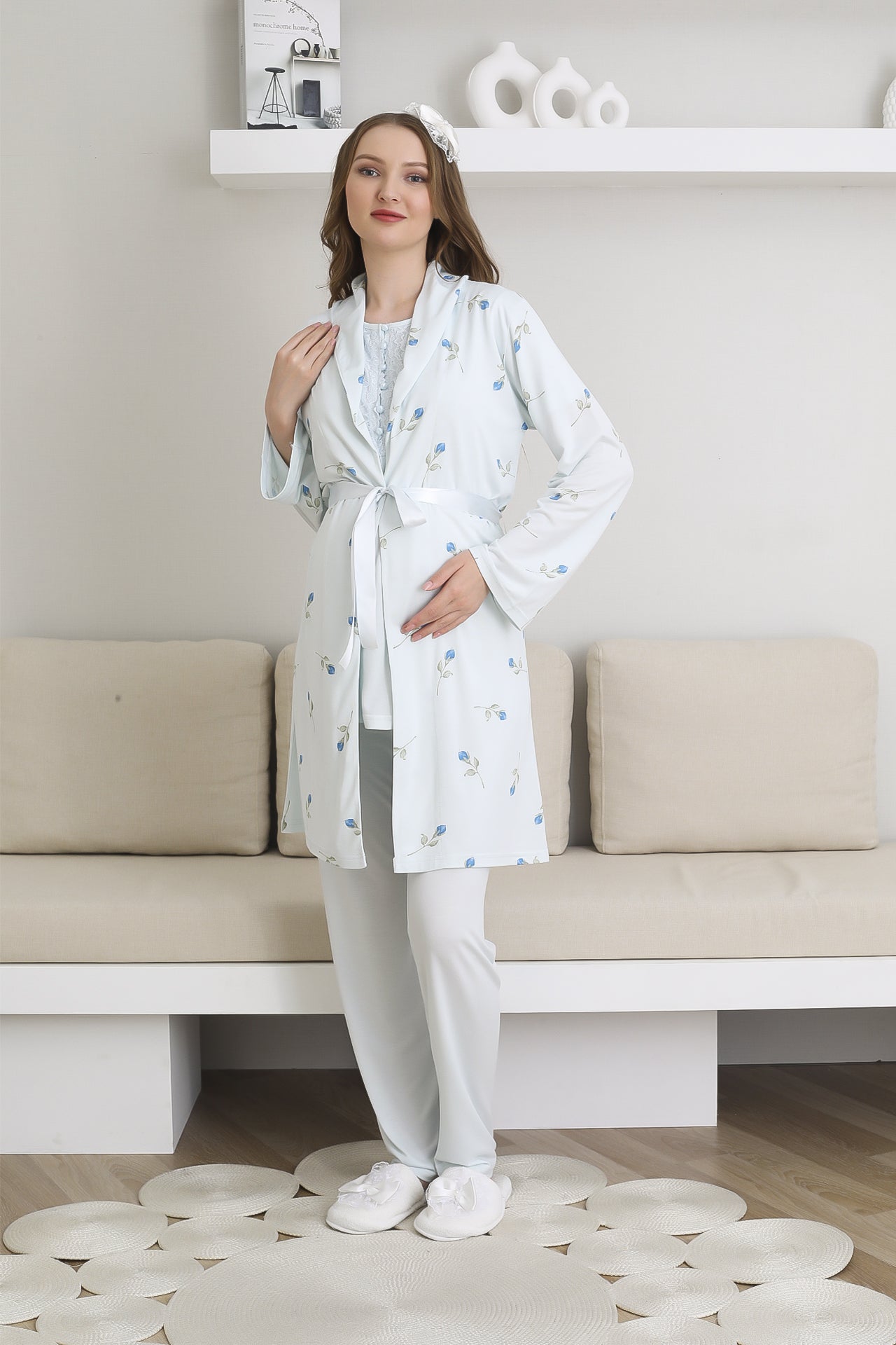 Pijama ve Sabahlıklı Hamile Lohusa Giyim / 6 Düğmeli Emzirme ve Tesettüre Uygun Pijama Takımı 3441