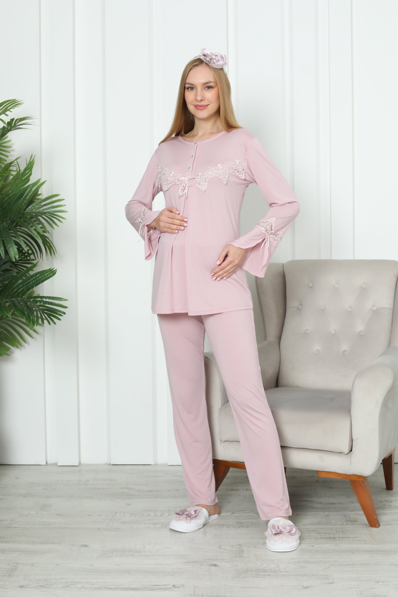 Hamile Pijama Takım Yırtmaçlı Kol Dantel Detaylı Düğmeli Emzirmeli 1170