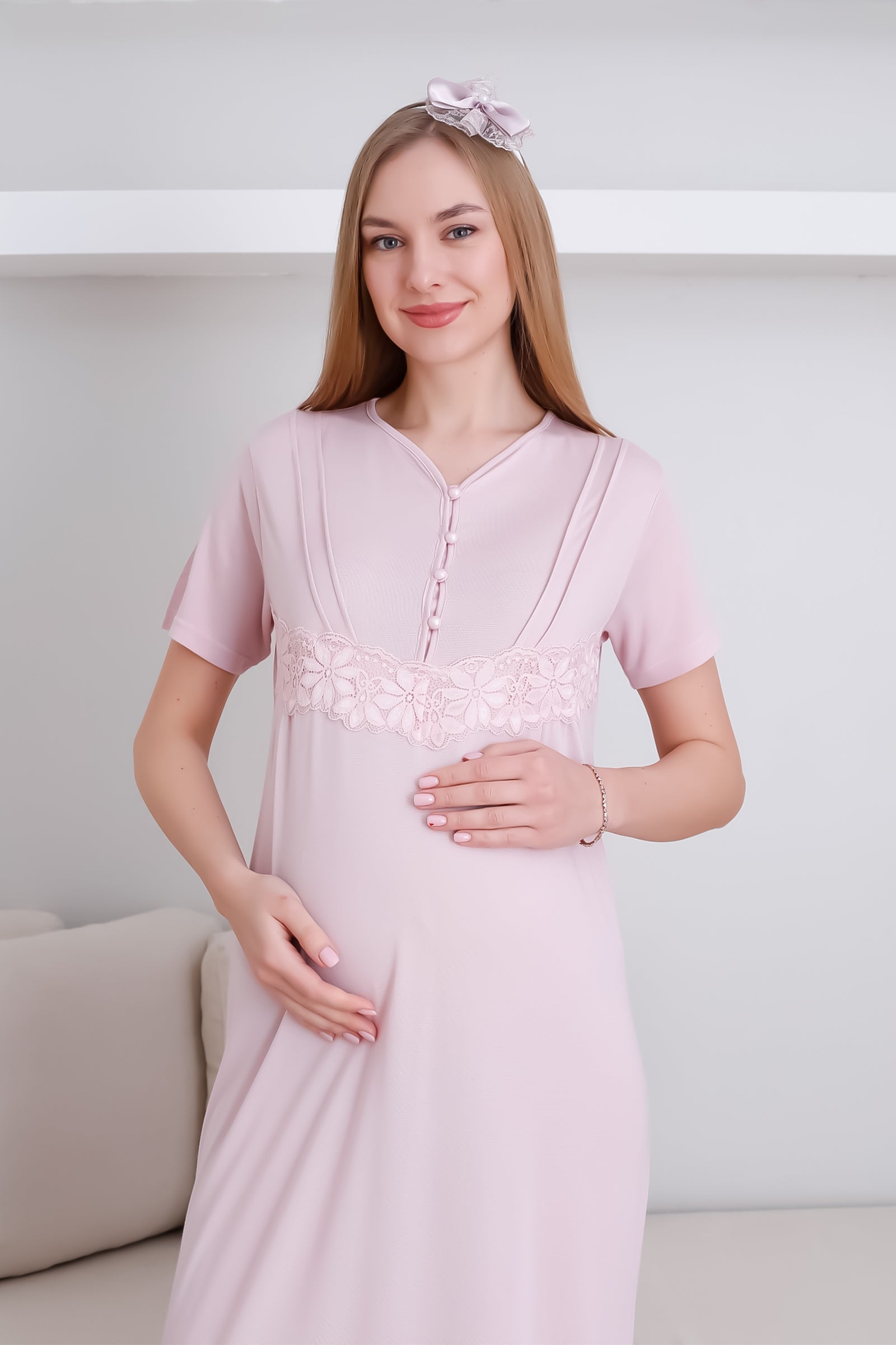 Hamile Gecelik Takım Önü Düğmeli 2'li Gecelik ve Sabahlık Takım Kısa Kol Gecelik & Uzun Kol Sabahlık - 2293