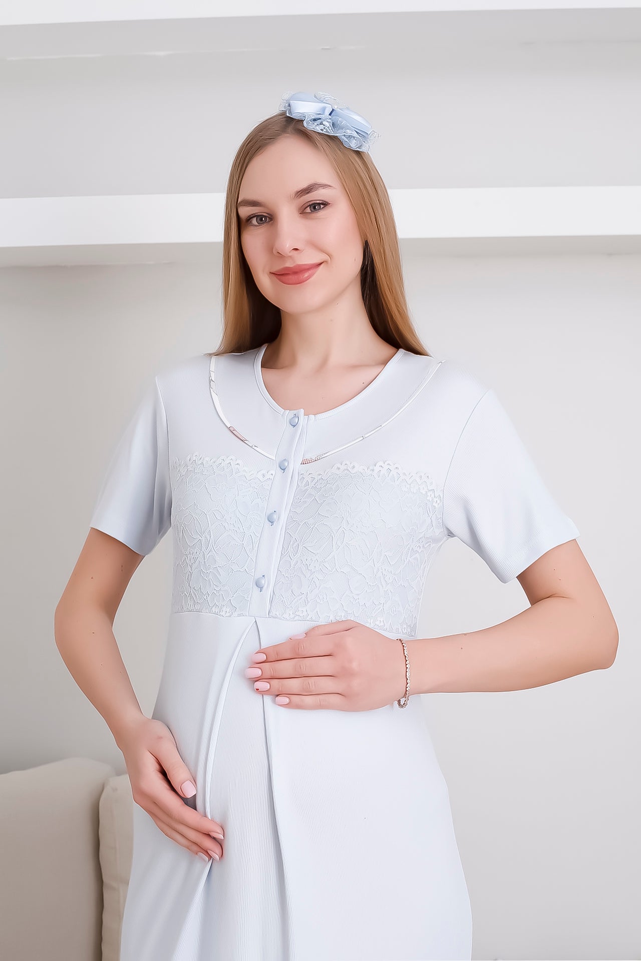 Melisa Gecelik ve Sabahlık Takımı / Hamile & Lohusa 2'li Gecelik Takımı / Kısa Kollu Gecelik - 2294