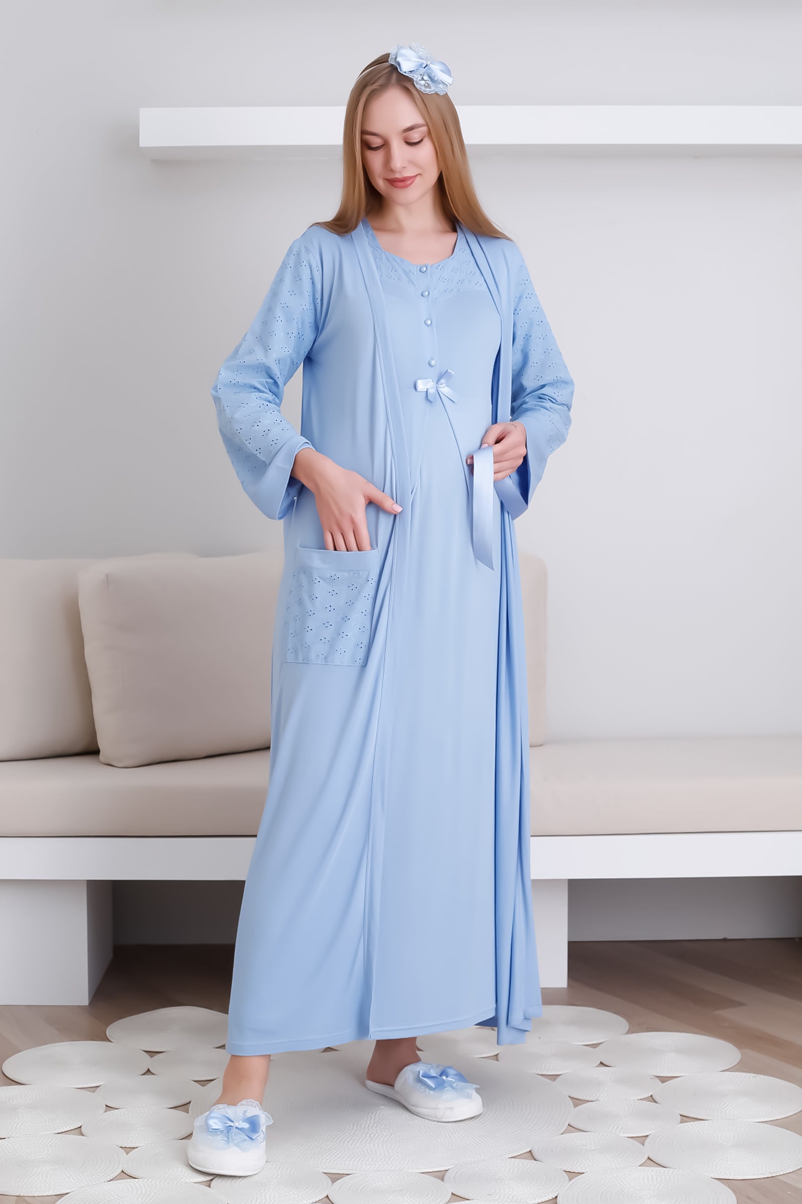 Hamile Gecelik & Sabahlık Takım / Cepli Sabahlık & V yaka Kısa Kol Gecelik - 2297