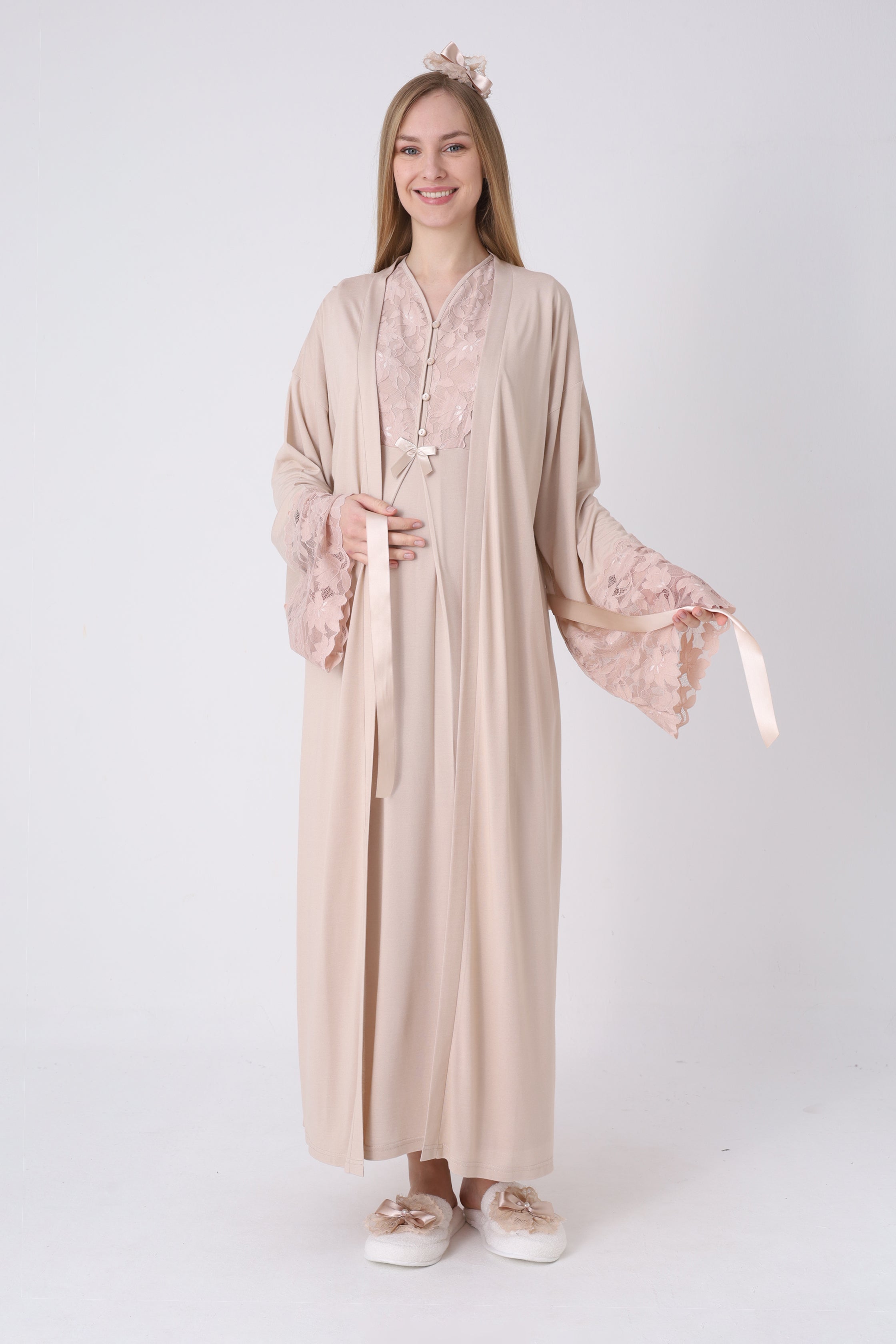 Hamile Gecelik ve Sabahlık Takımı – Lohusa Seti, Geniş Dantel Kollu Pamuklu - 2325