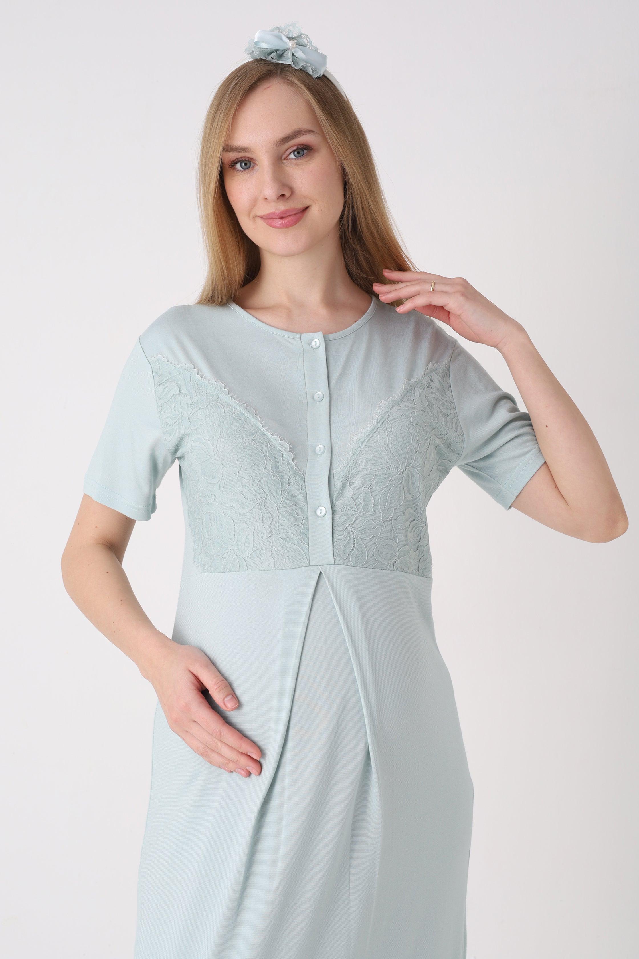 Fitilli Sabahlıklı Dantelli Hamile Lohusa Gecelik Takımı - 2326