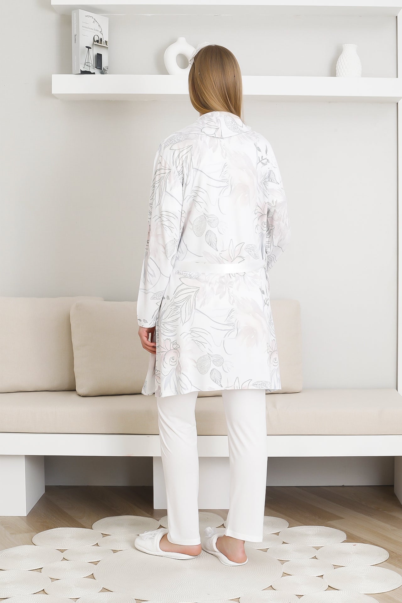 Desenli Hamile Pijama ve Sabahlıklı Takım / Pamuk-Viskon Kumaş / Bel Ayarlı 3440