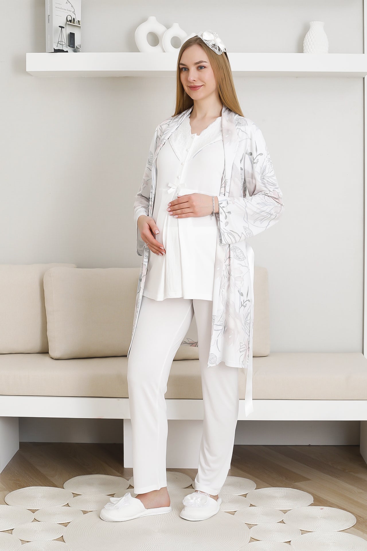 Desenli Hamile Pijama ve Sabahlıklı Takım / Pamuk-Viskon Kumaş / Bel Ayarlı 3440