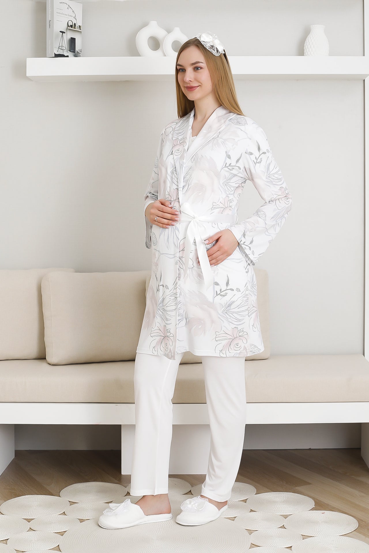 Desenli Hamile Pijama ve Sabahlıklı Takım / Pamuk-Viskon Kumaş / Bel Ayarlı 3440
