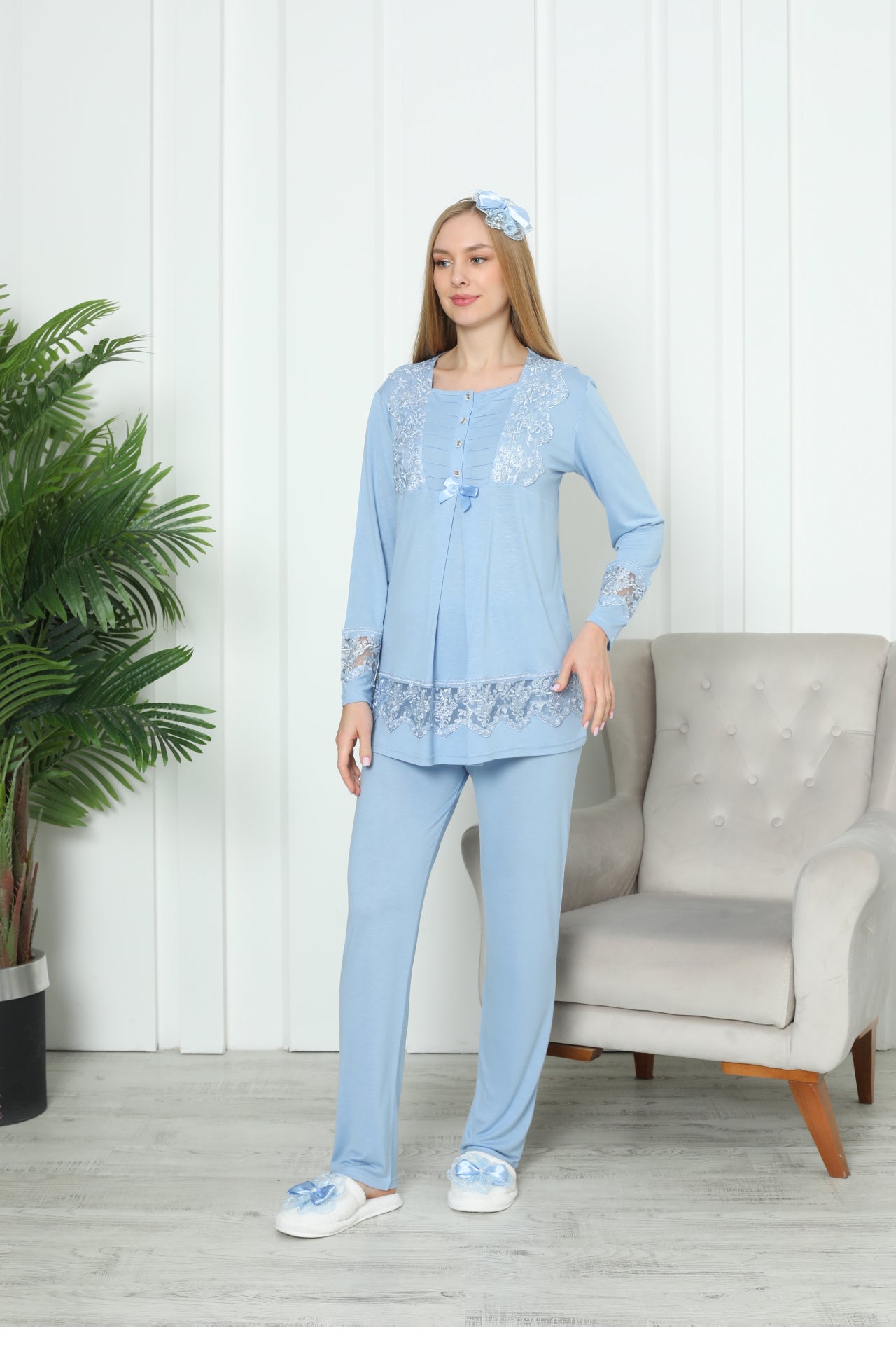 Hamile Pijama Takım Havuz Yaka Şık Dantel Detay Düğmeli Emzirmeli Pamuk Viskon Lohusa Takımı 1171