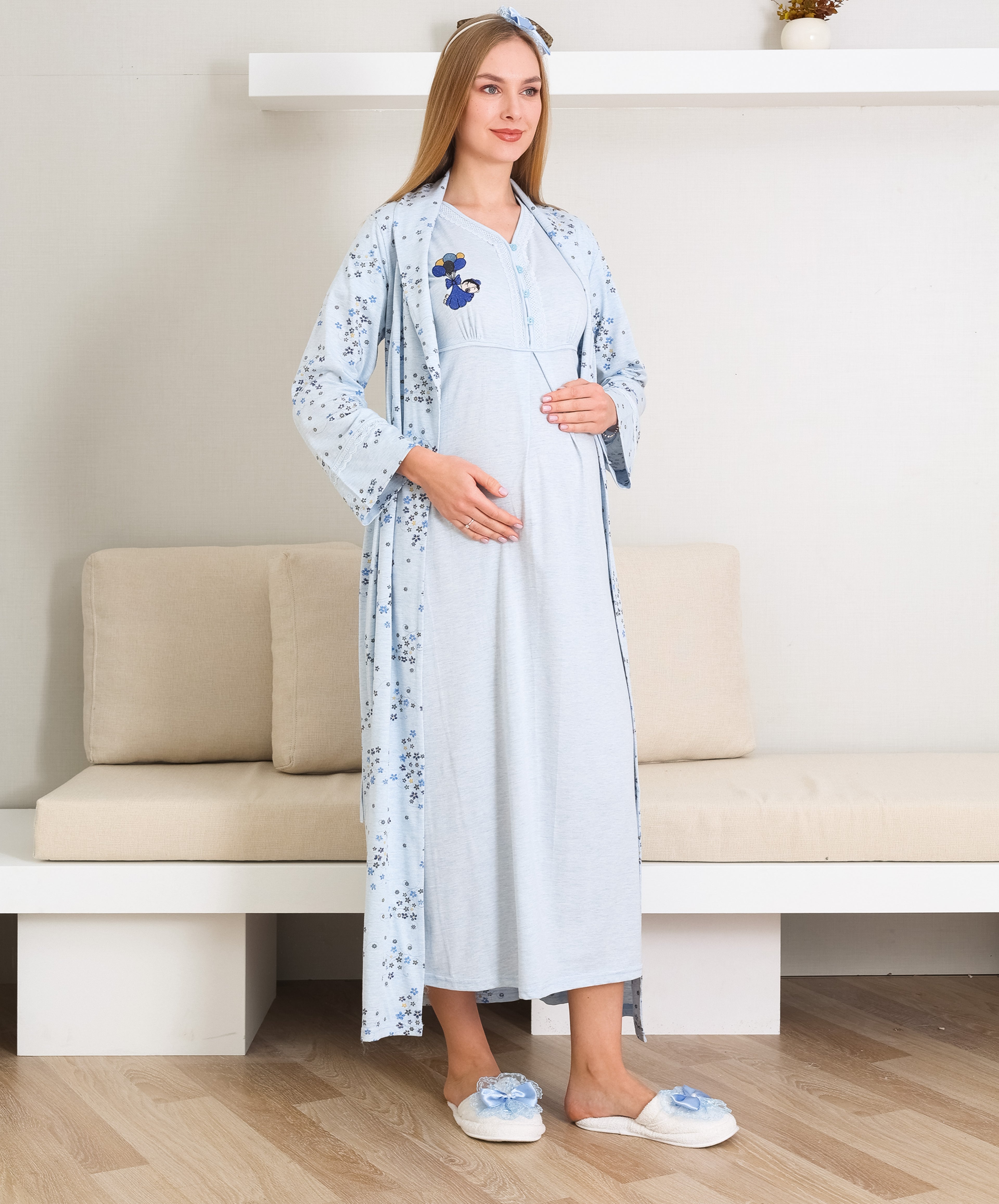 Lohusa Gecelik ve Sabahlıklı Hamile Gecelik / Kısa Kollu, Nakışlı Gecelik ve Desenli Sabahlık Takımı - 2289