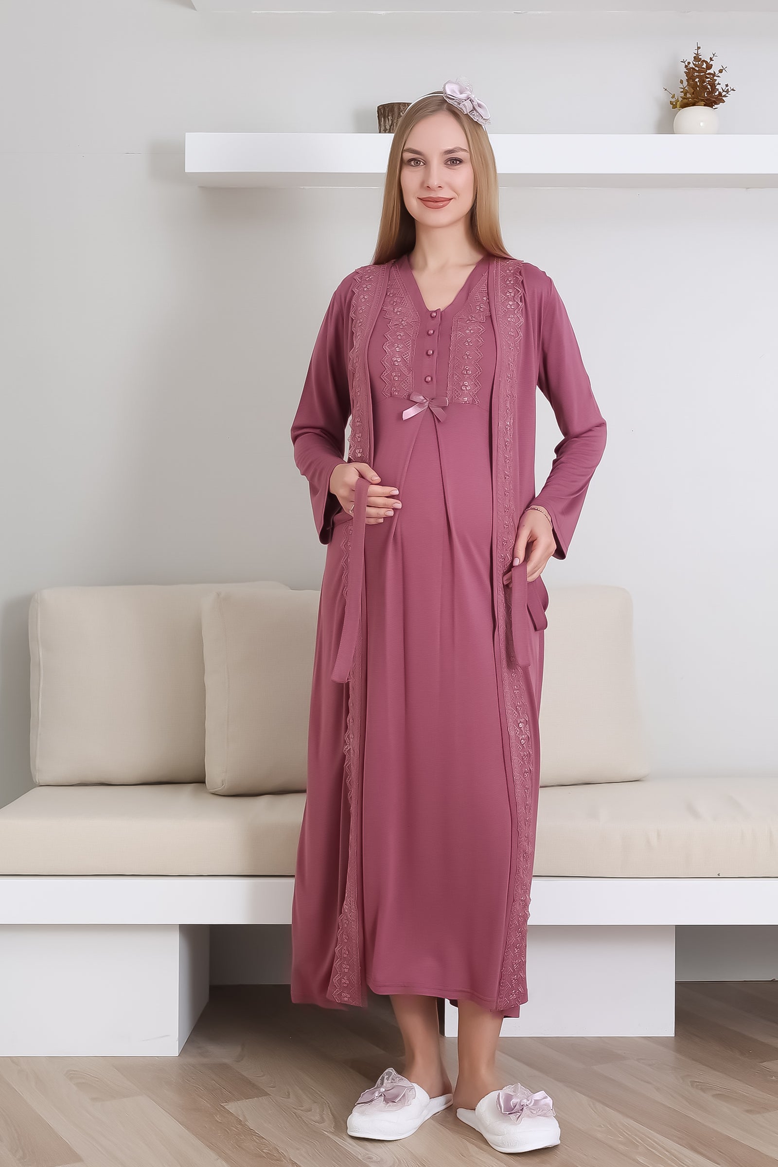 Hamile Gecelik Takımı Sabahlıklı V yakalı Dantel Detaylı 2'li Önü Düğmeli - 2290