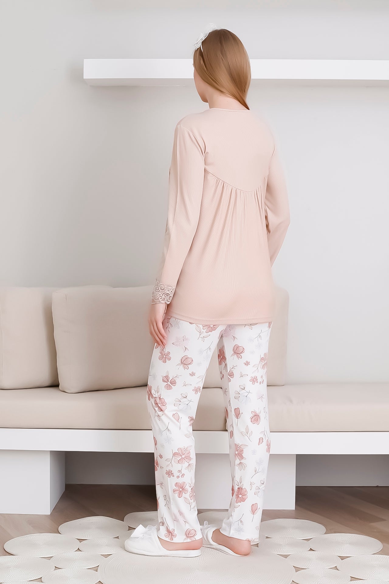 Hamile pijama takımı melisa kumaş çiçek desenli dantel önden düğmeli 6