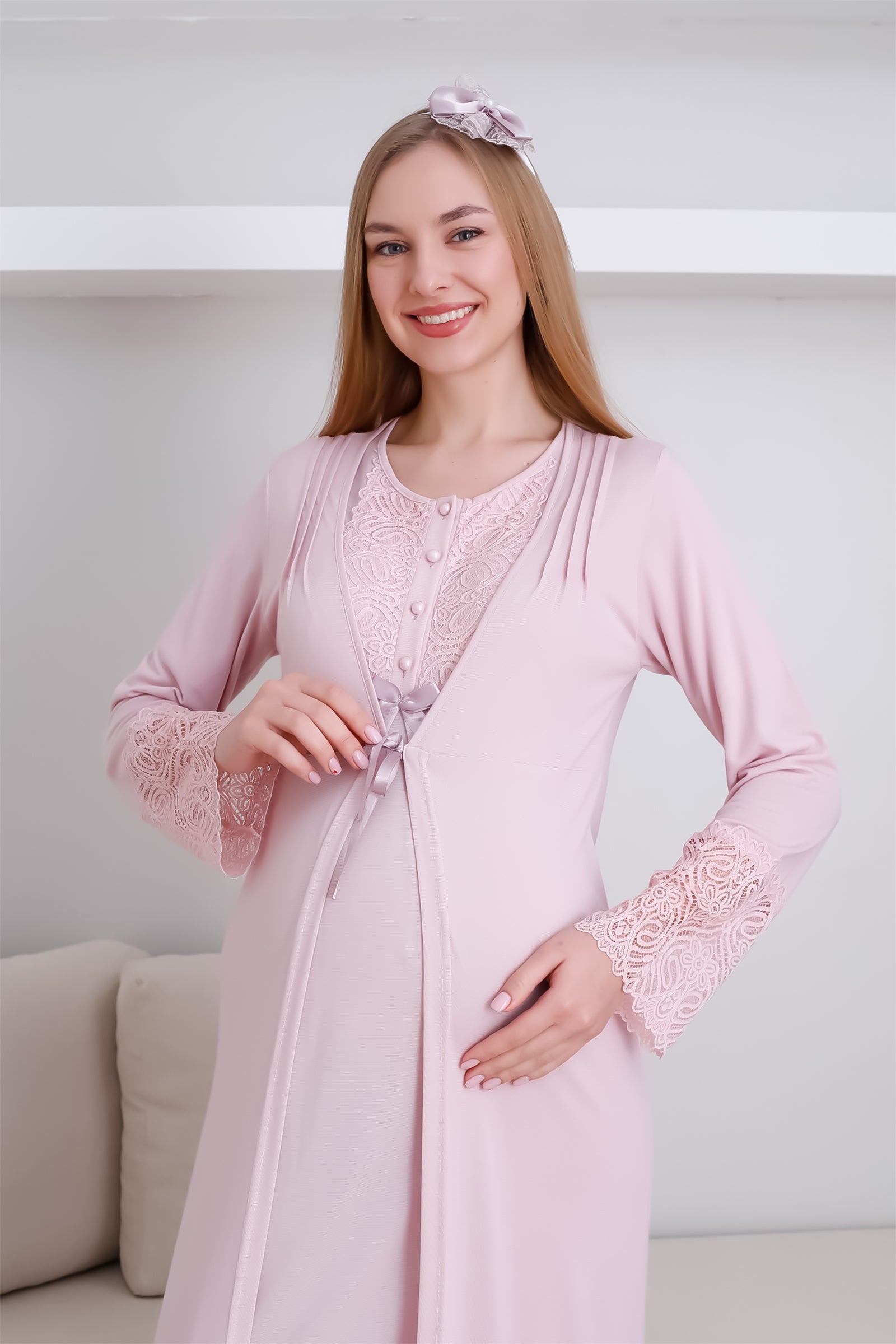 Hamile Kısa Kol Gecelik & Sabahlık Takım / Dantel ve Düğmeli Hamile Giyim - 2291