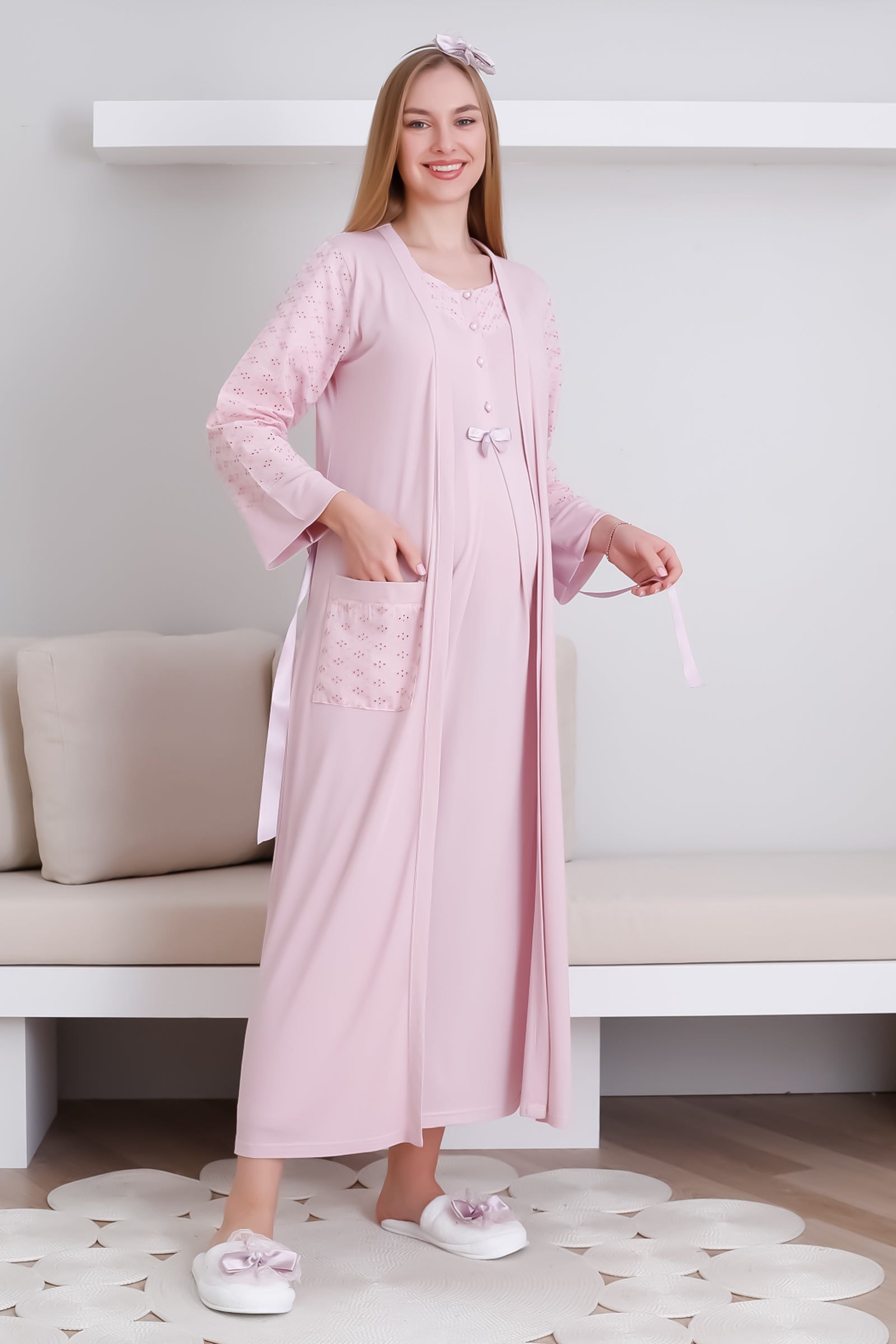 Hamile Gecelik & Sabahlık Takım / Cepli Sabahlık & V yaka Kısa Kol Gecelik - 2297