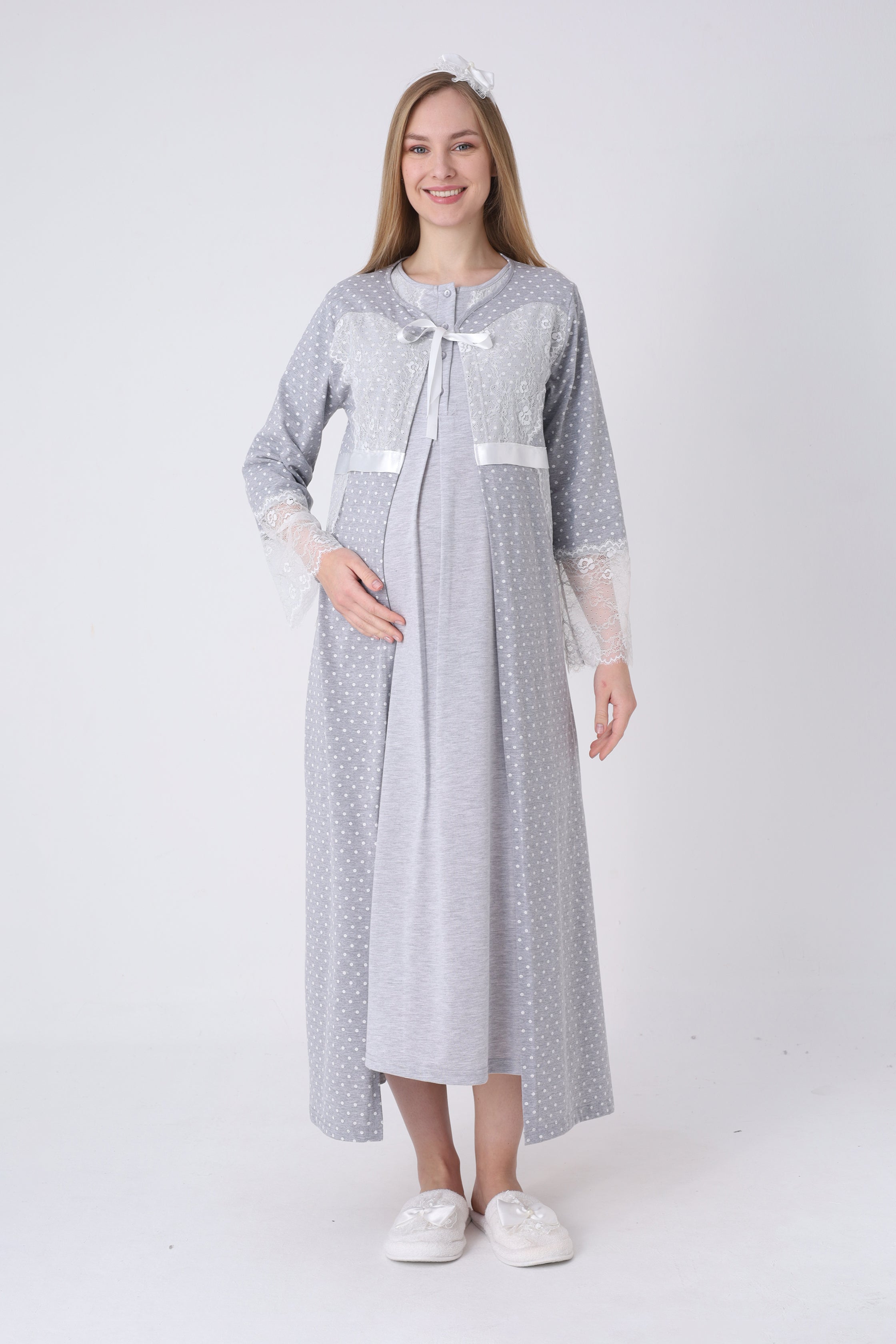 Hamile Gecelik ve Sabahlık Takımı – Lohusa Gecelik Seti, Puantiyeli Dantel Detaylı Pamuk Viskon - 2323