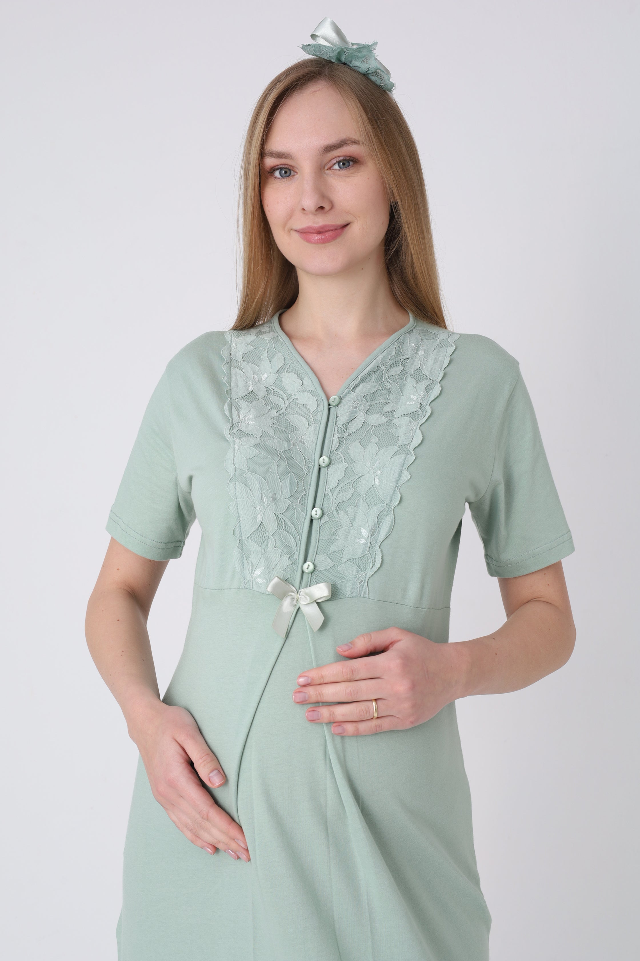 Hamile Gecelik ve Sabahlık Takımı – Lohusa Seti, Geniş Dantel Kollu Pamuklu - 2325