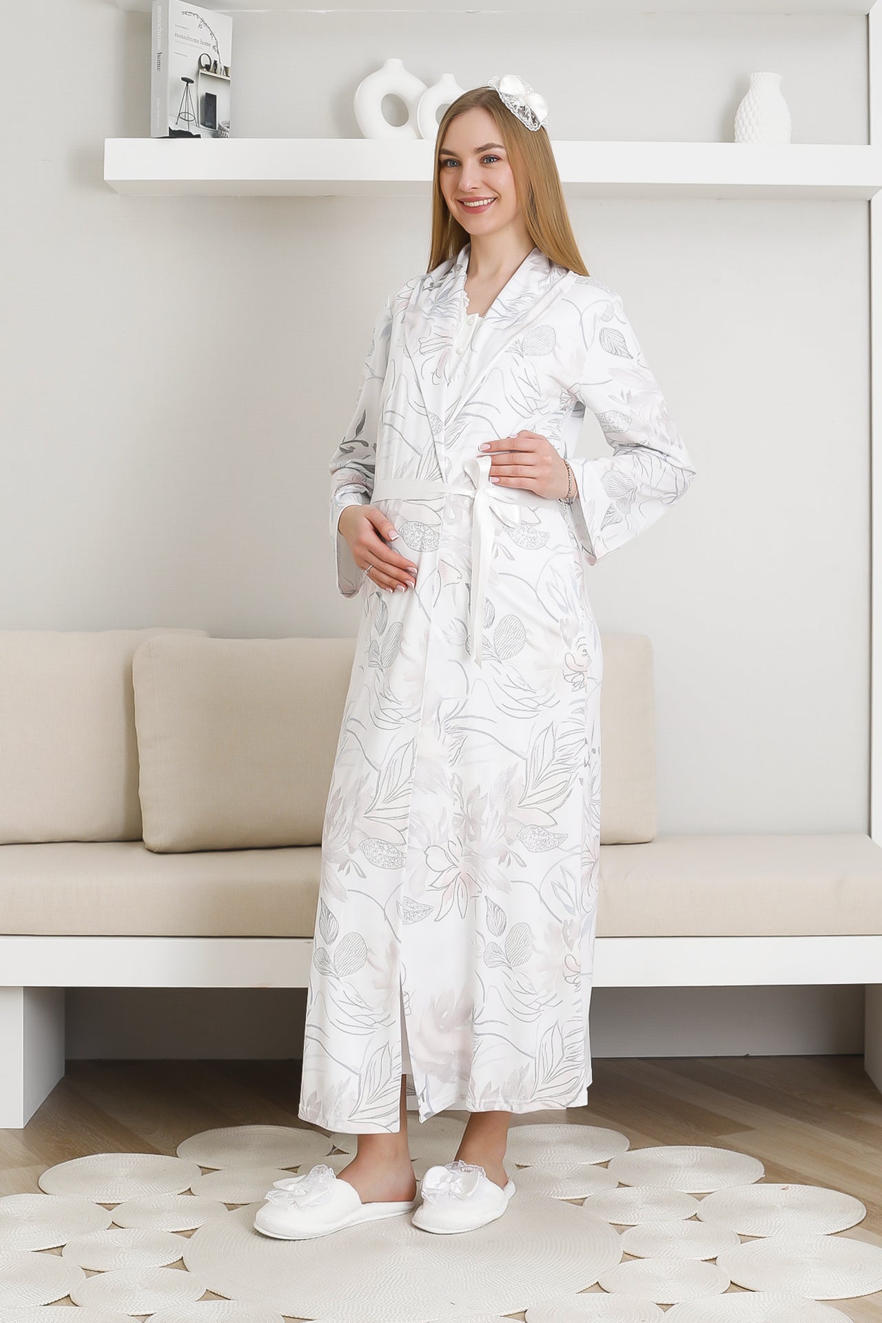 Lohusa Hamile Gecelik ve Sabahlık Giyim / Desenli Sabahlıklı Pamuk Viskon Kumaş 2299