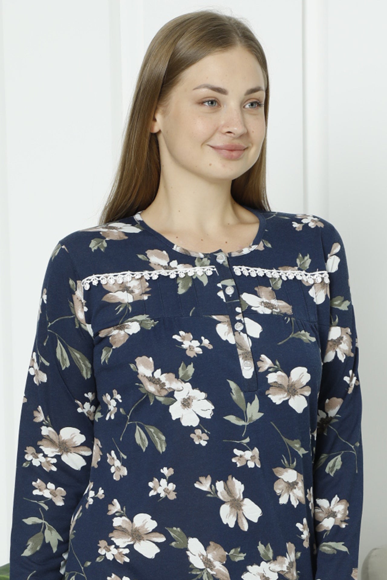 Uzun Kollu Kadın Geceliği Çiçek Desenli / Pamuklu Anne Geceliği